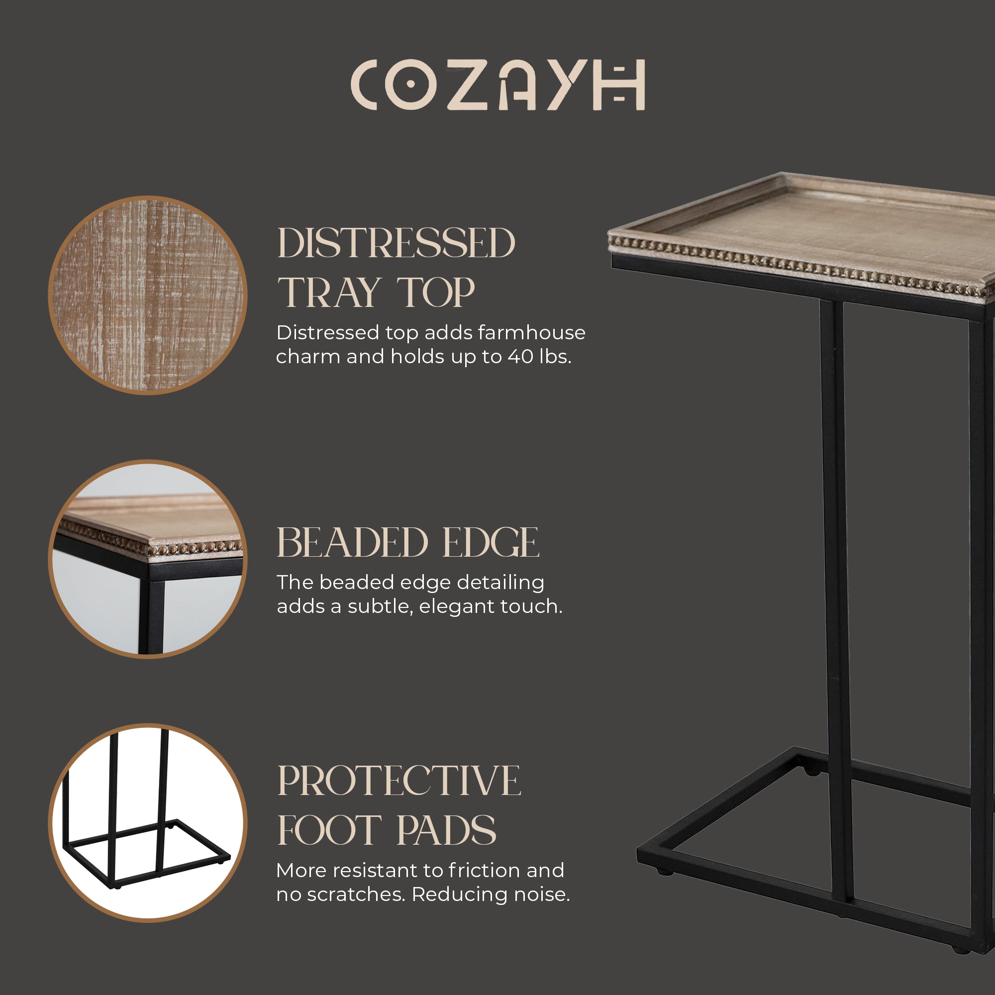 COZAYH Farmhouse C End Table, Accent Furniture with Beaded Edge Tray Top, Black