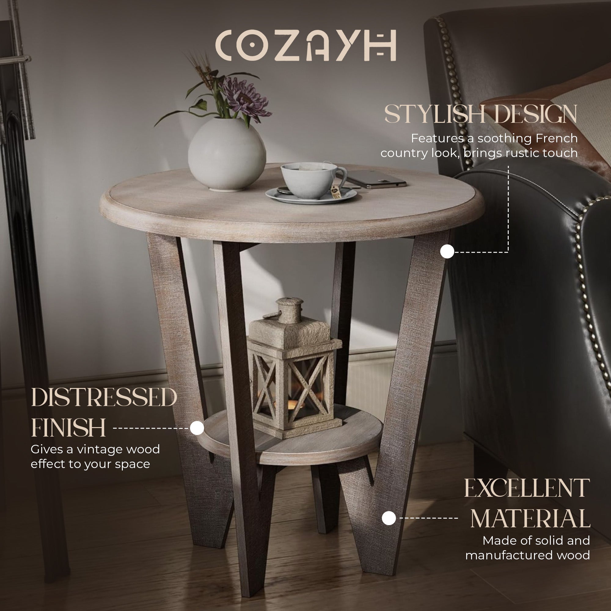 COZAYH Rustic Farmhouse Wooden End Table & Storage Shelf, Vintage Grey, Set of 2