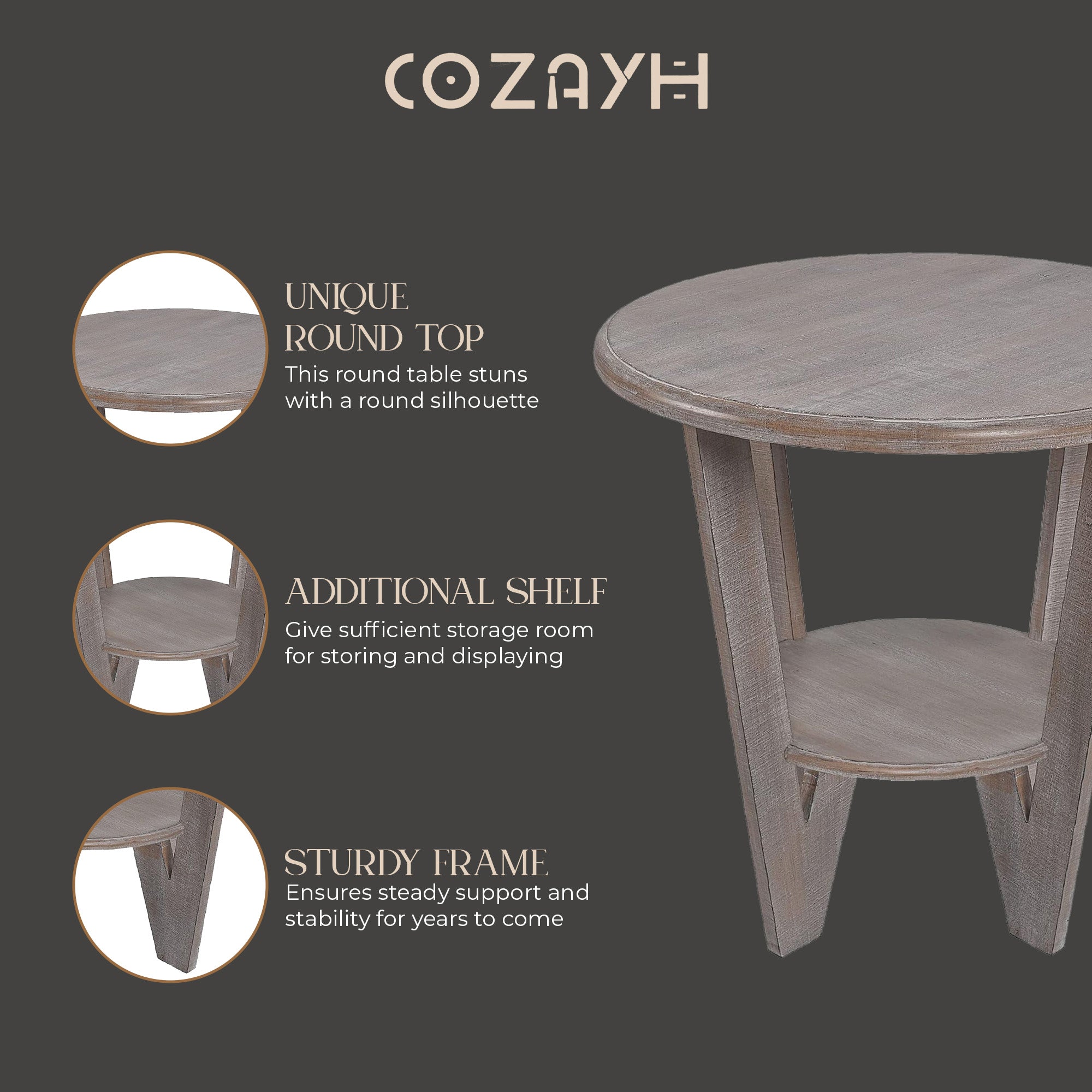 COZAYH Rustic Farmhouse Wooden End Table & Storage Shelf, Vintage Grey, Set of 2
