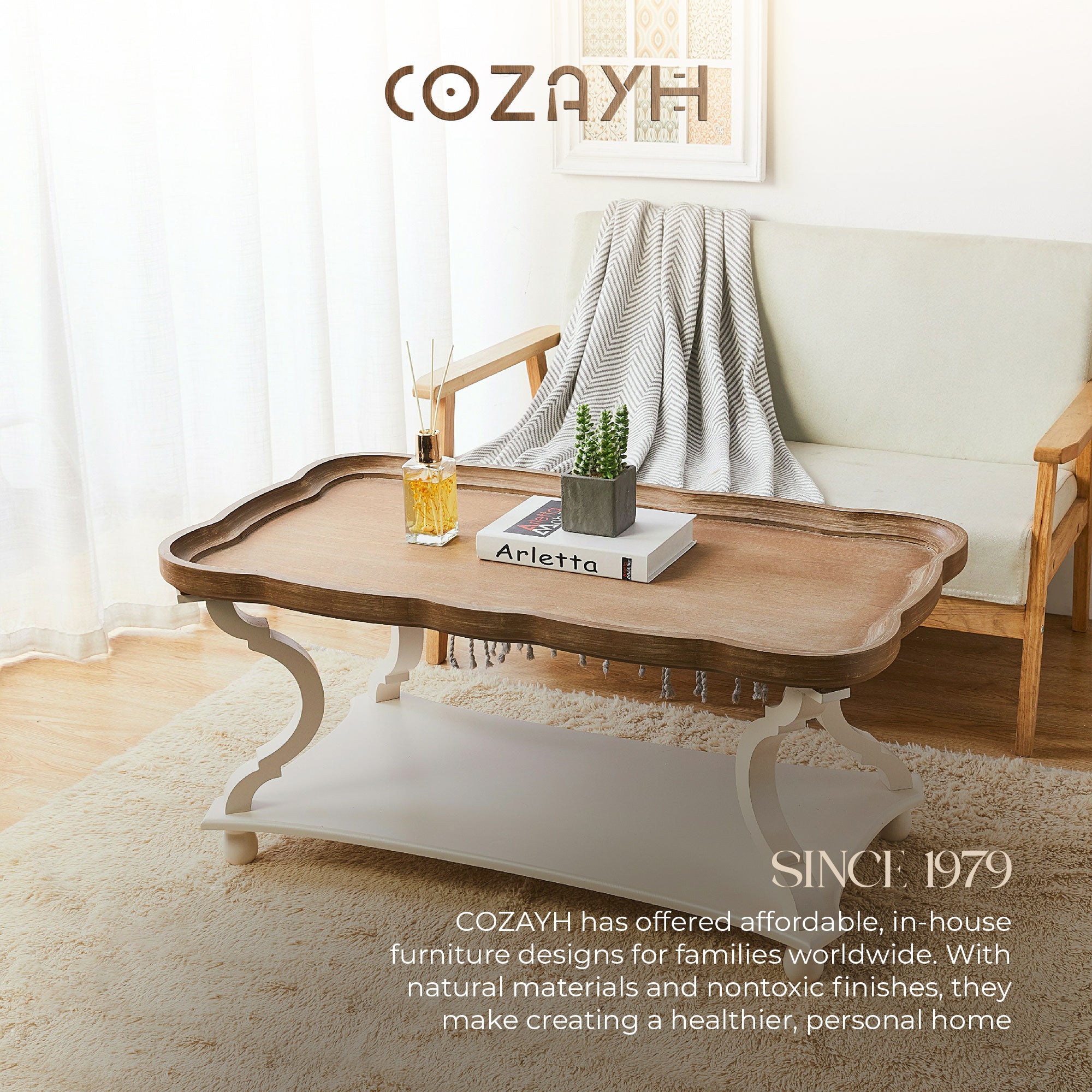 COZAYH Rustic Farmhouse Coffee Table w/ Tray Top & Storage Shelf, Natural/White - VMInnovations