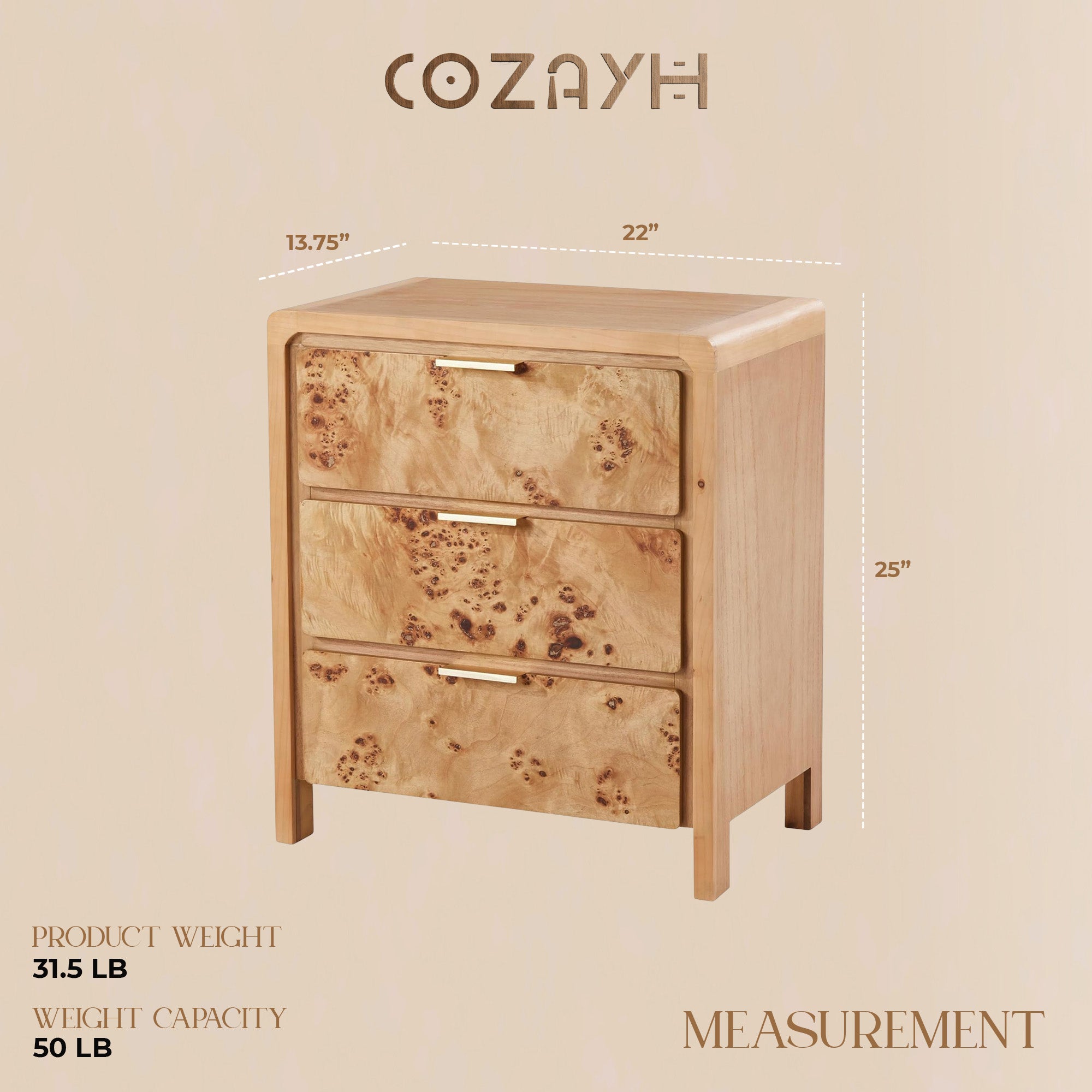COZAYH Farmhouse 3 Drawer Home Bedroom Nightstand w/ Burl Wood Finish, Set of 2