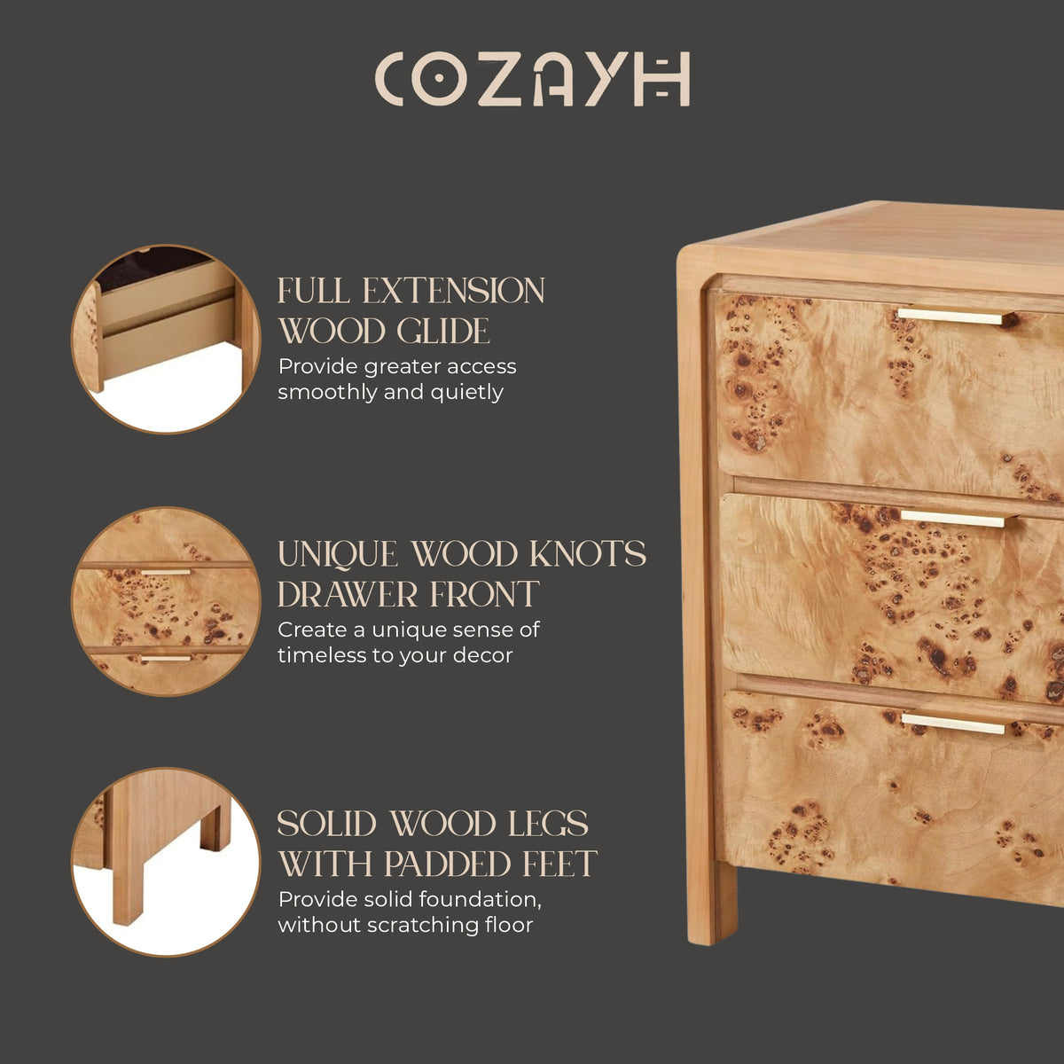 COZAYH Farmhouse 3 Drawer Home Bedroom Nightstand w/ Burl Wood Finish, Set of 2