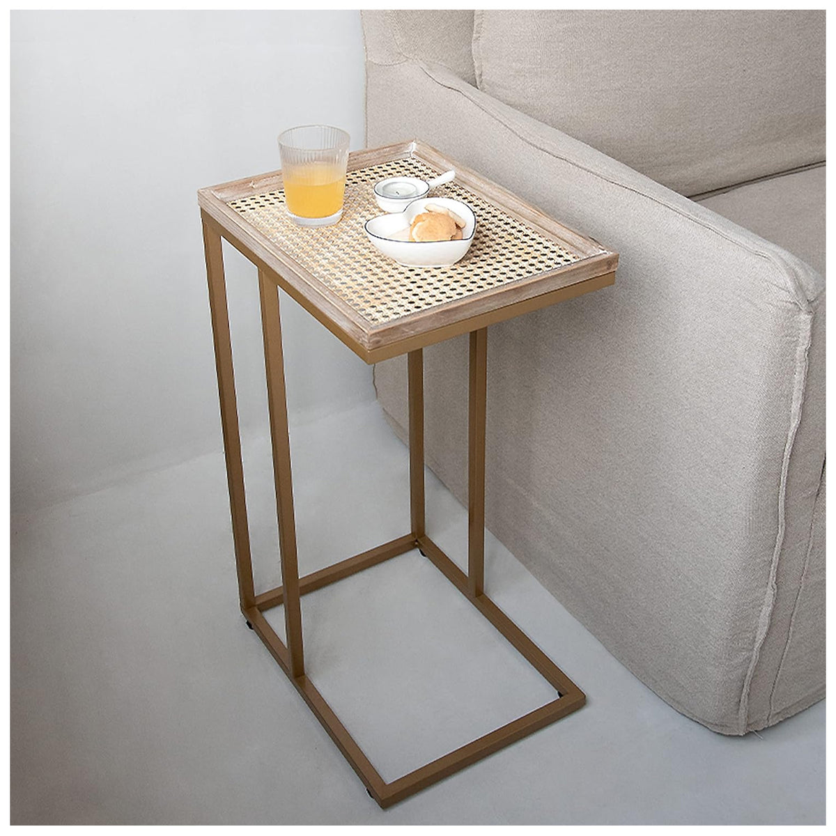 COZAYH Farmhouse C Table Couch Metal End Table with Woven Pattern Tray Top, Gold