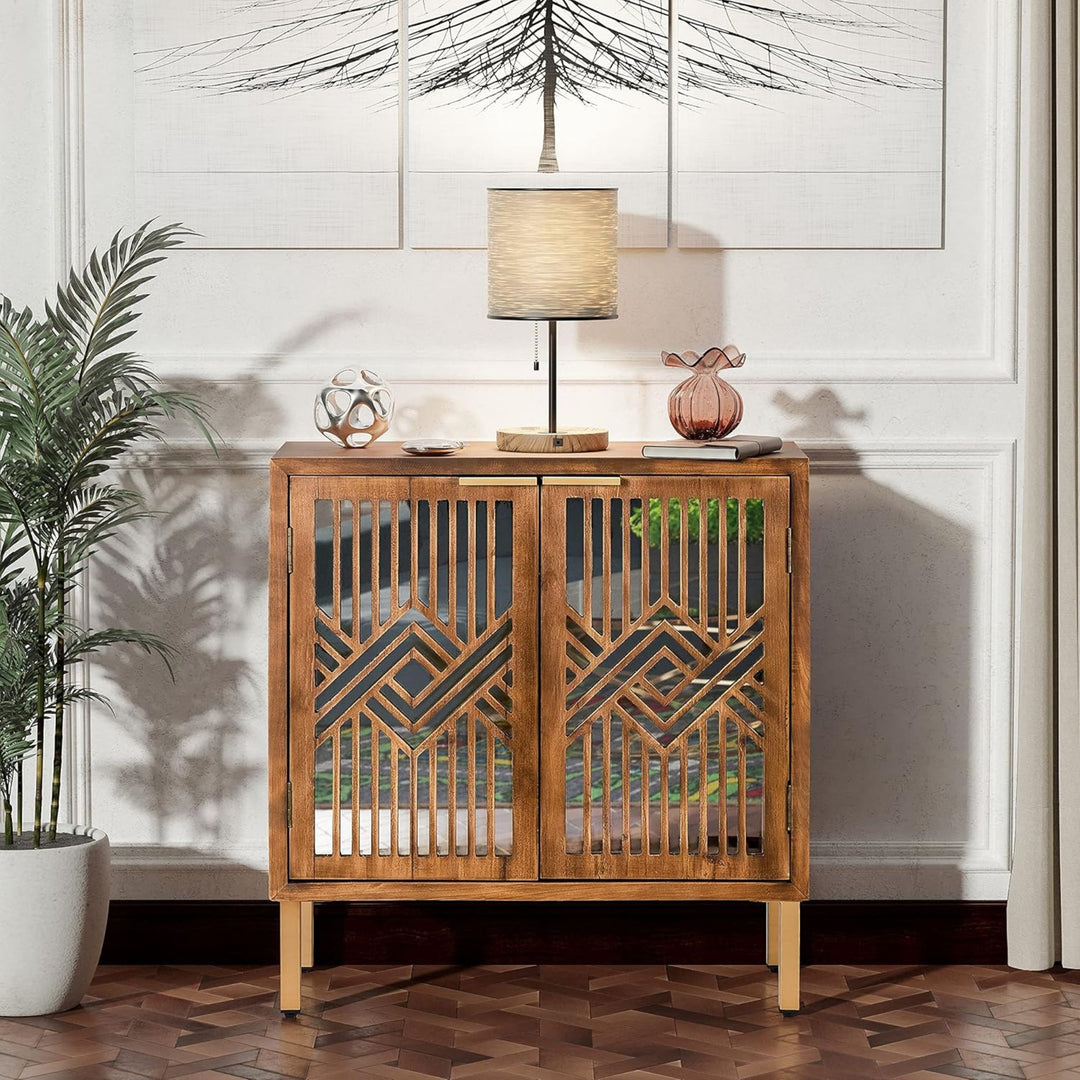 COZAYH 2 Door Modern Accent Cabinet Mirror Front Storage Sideboard, Metal, Wood - VMInnovations