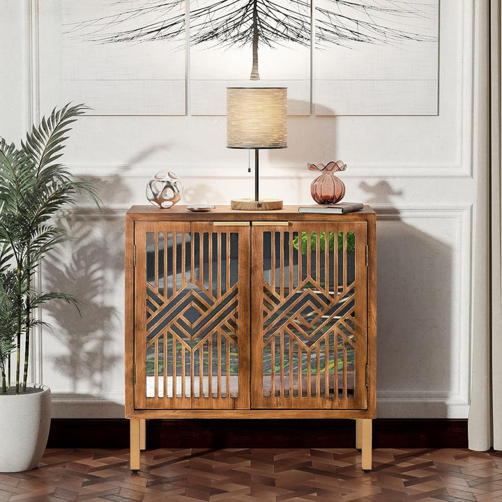 COZAYH 2 Door Modern Accent Cabinet Mirror Front Storage Sideboard, Metal, Wood - VMInnovations