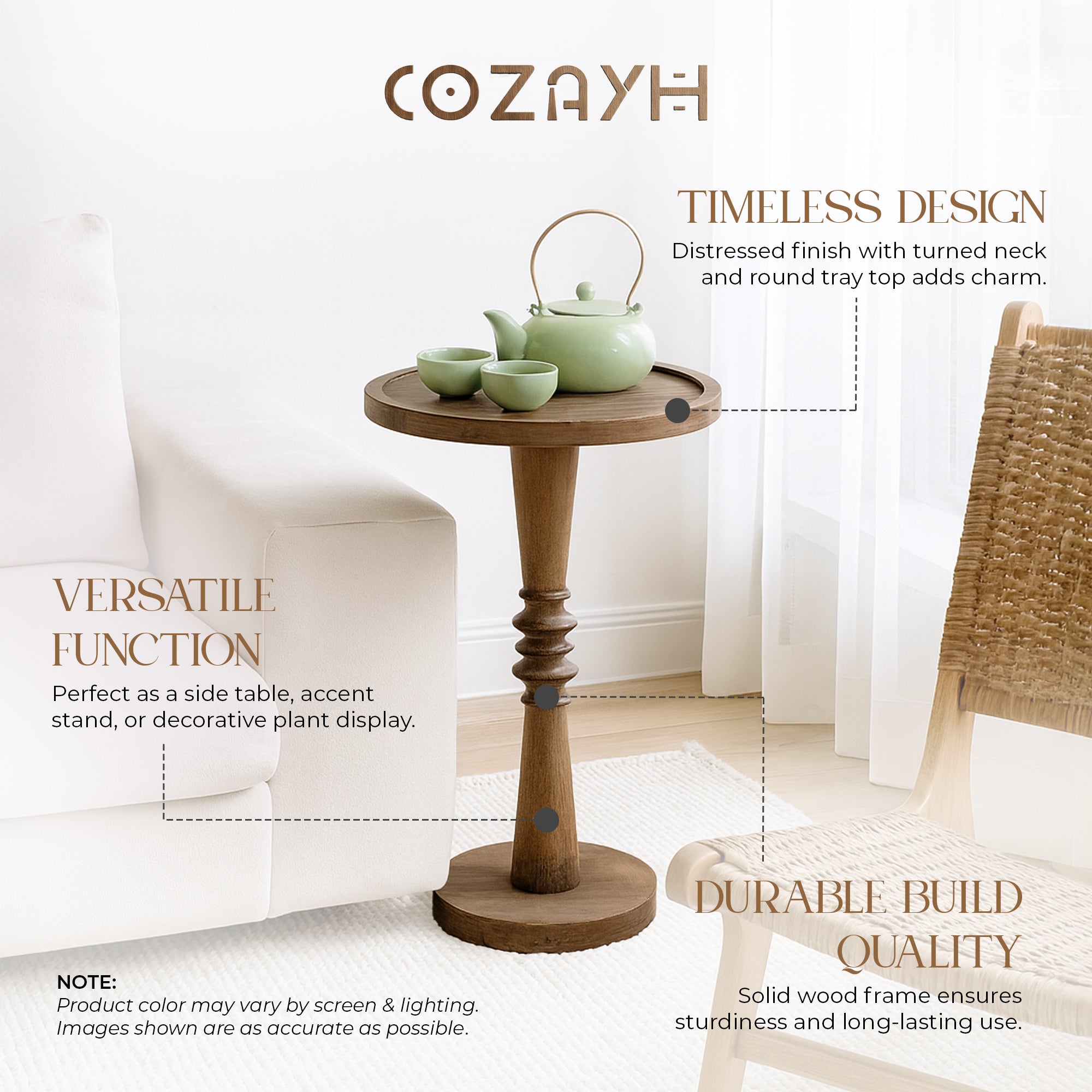 COZAYH Pedestal Tray Top End Table for Holding Drinks, Lamps or Plants, Brown
