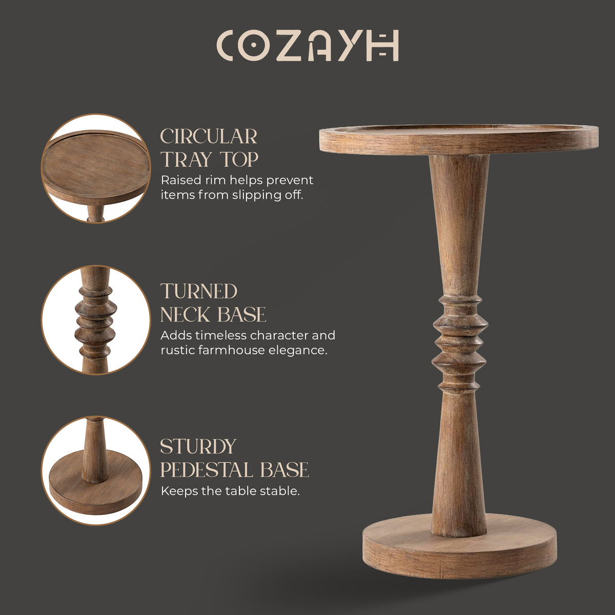 COZAYH Pedestal Tray Top End Table for Holding Drinks, Lamps or Plants, Brown