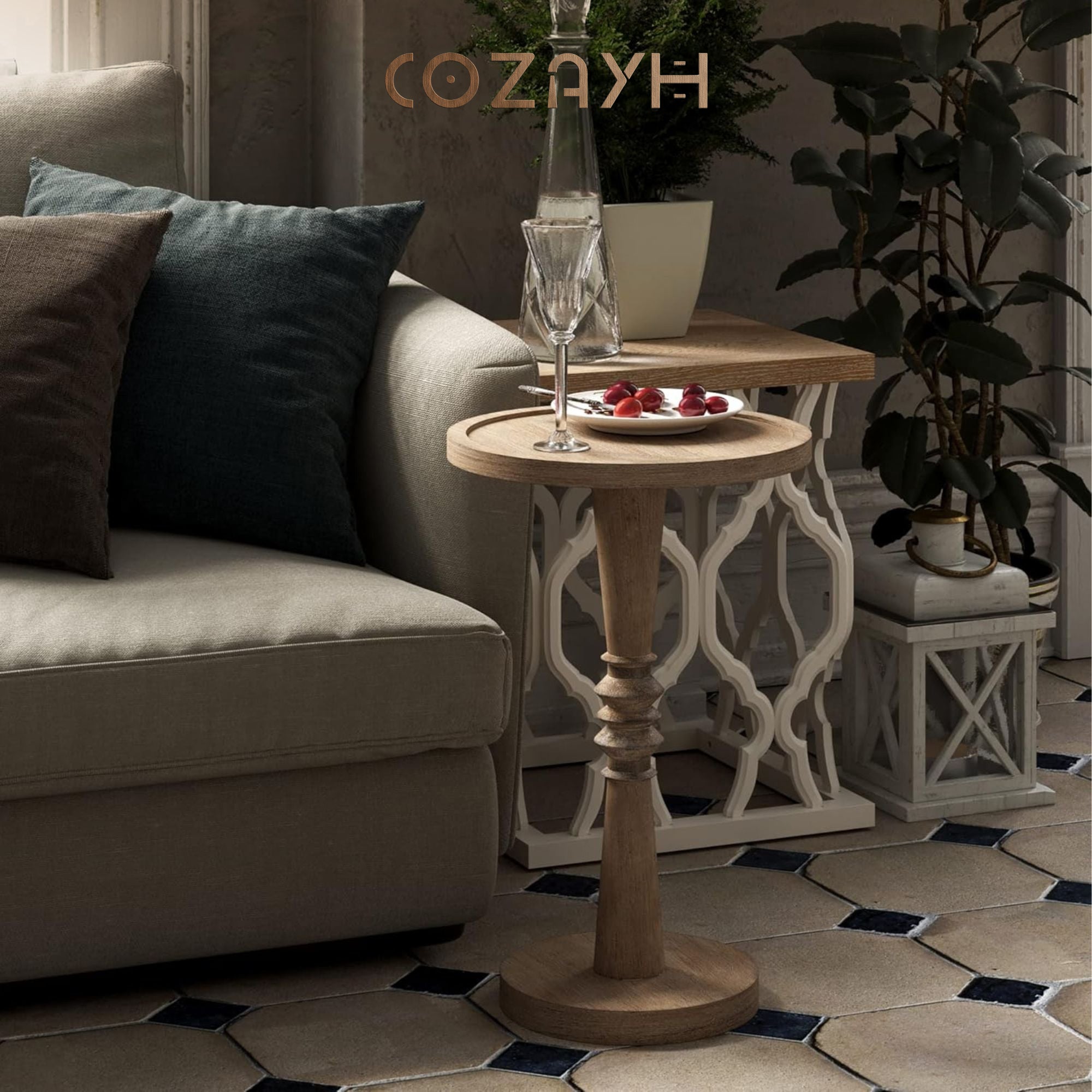 COZAYH Pedestal Tray Top End Table for Holding Drinks, Lamps or Plants, Brown