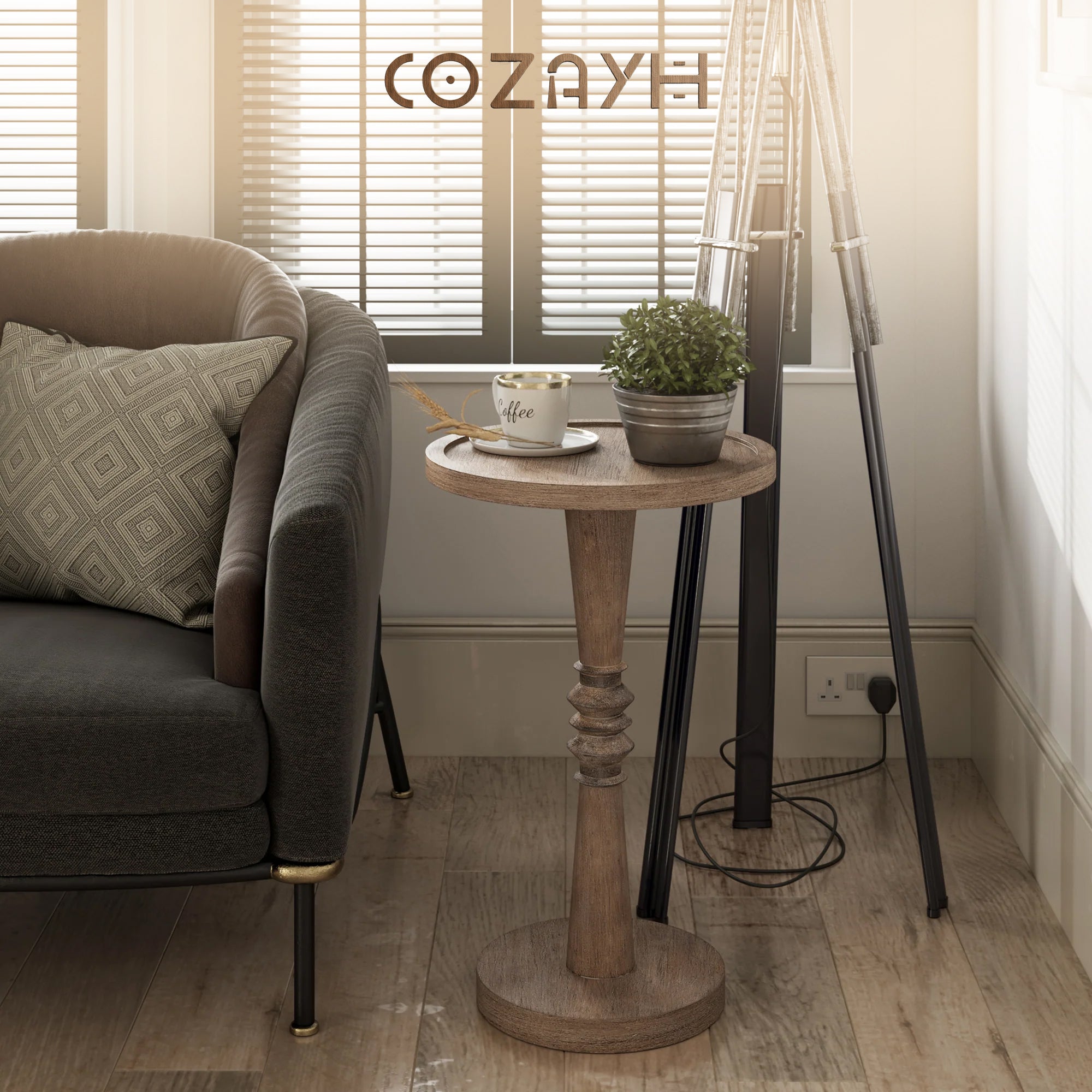 COZAYH Pedestal Tray Top End Table for Holding Drinks, Lamps or Plants, Brown