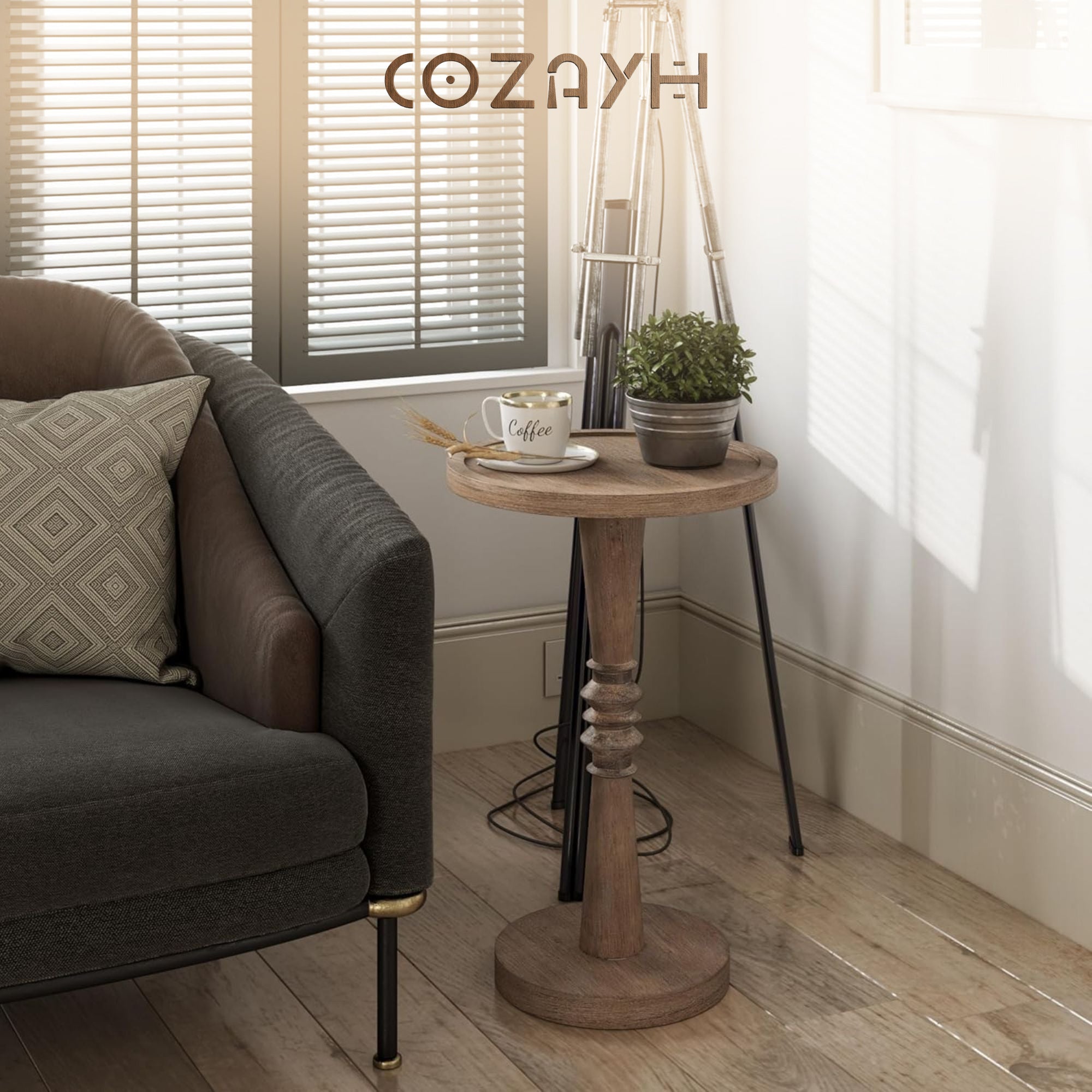 COZAYH Pedestal Tray Top End Table for Holding Drinks, Lamps or Plants, Brown