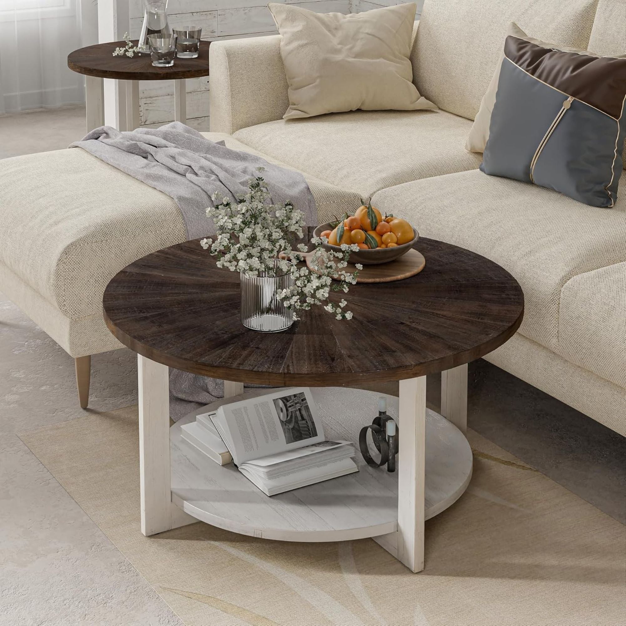 COZAYH Rustic Farmhouse Large Round Wood Coffee Table with Storage Shelf (Used)