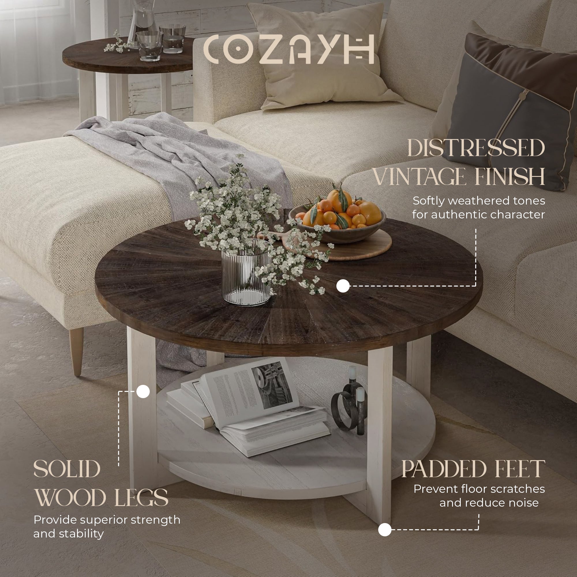 COZAYH Rustic Farmhouse Large Round Wood Coffee Table with Storage Shelf (Used)