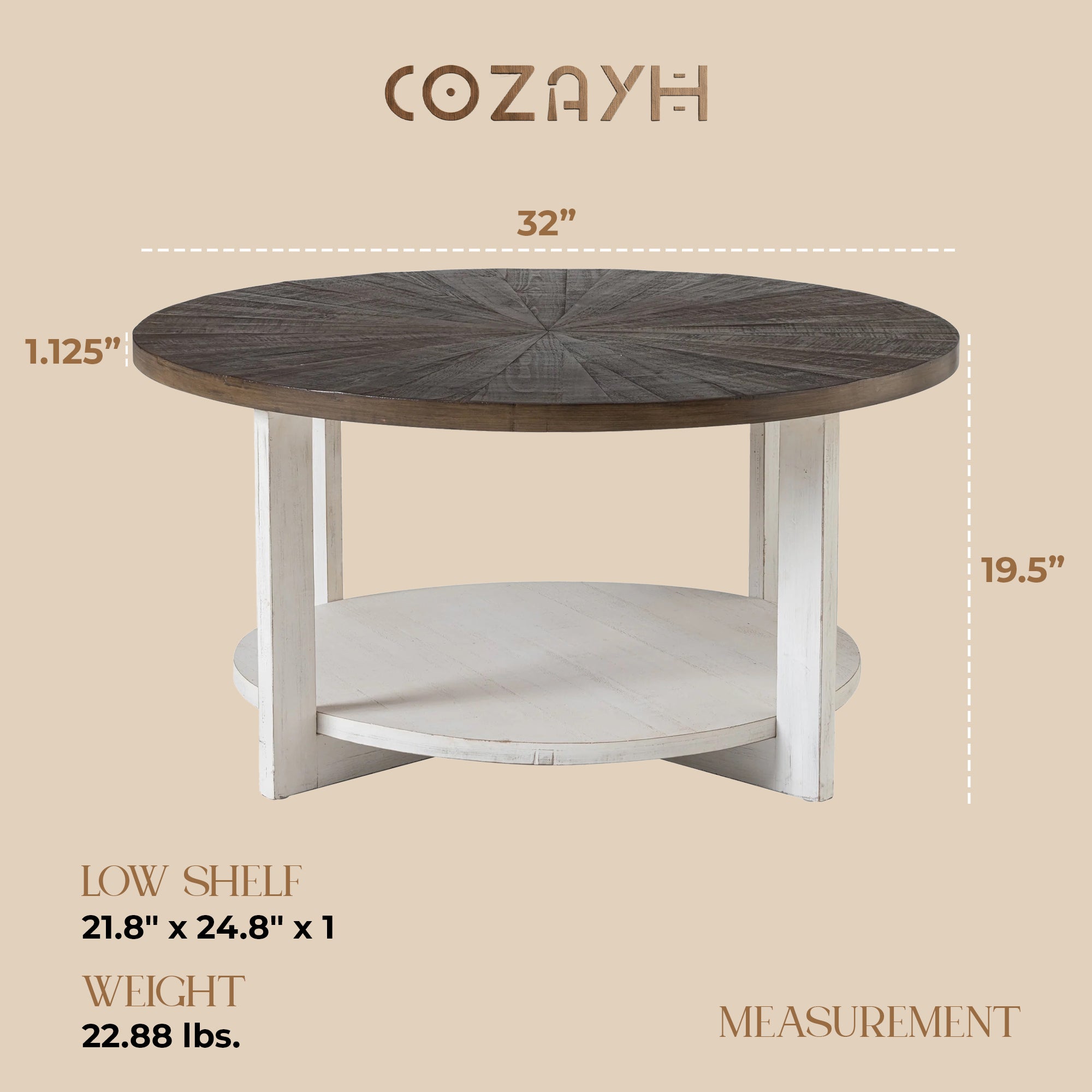 COZAYH Rustic Farmhouse Large Round Wood Coffee Table with Storage Shelf (Used)