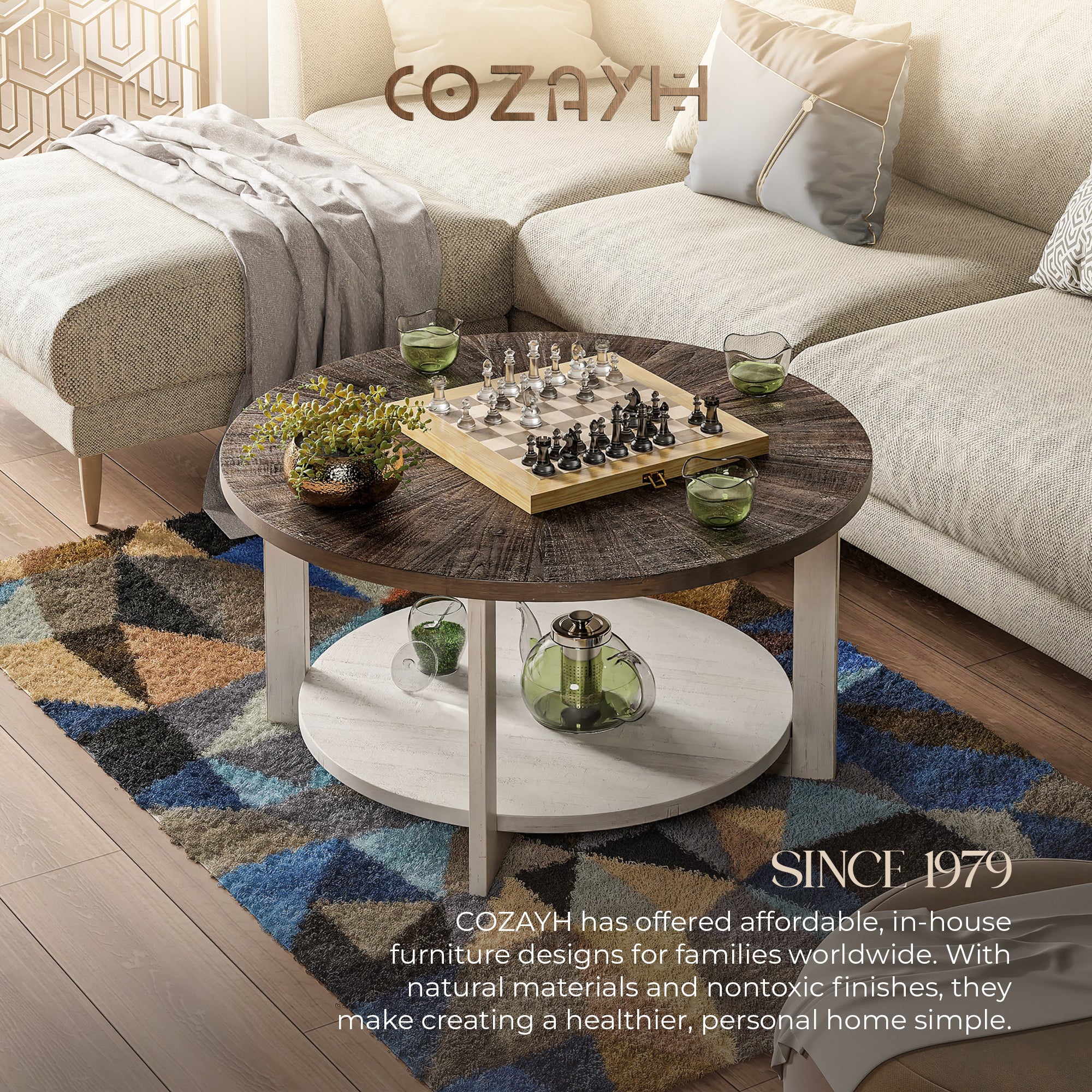COZAYH Rustic Farmhouse Large Round Wood Coffee Table with Storage Shelf (Used)