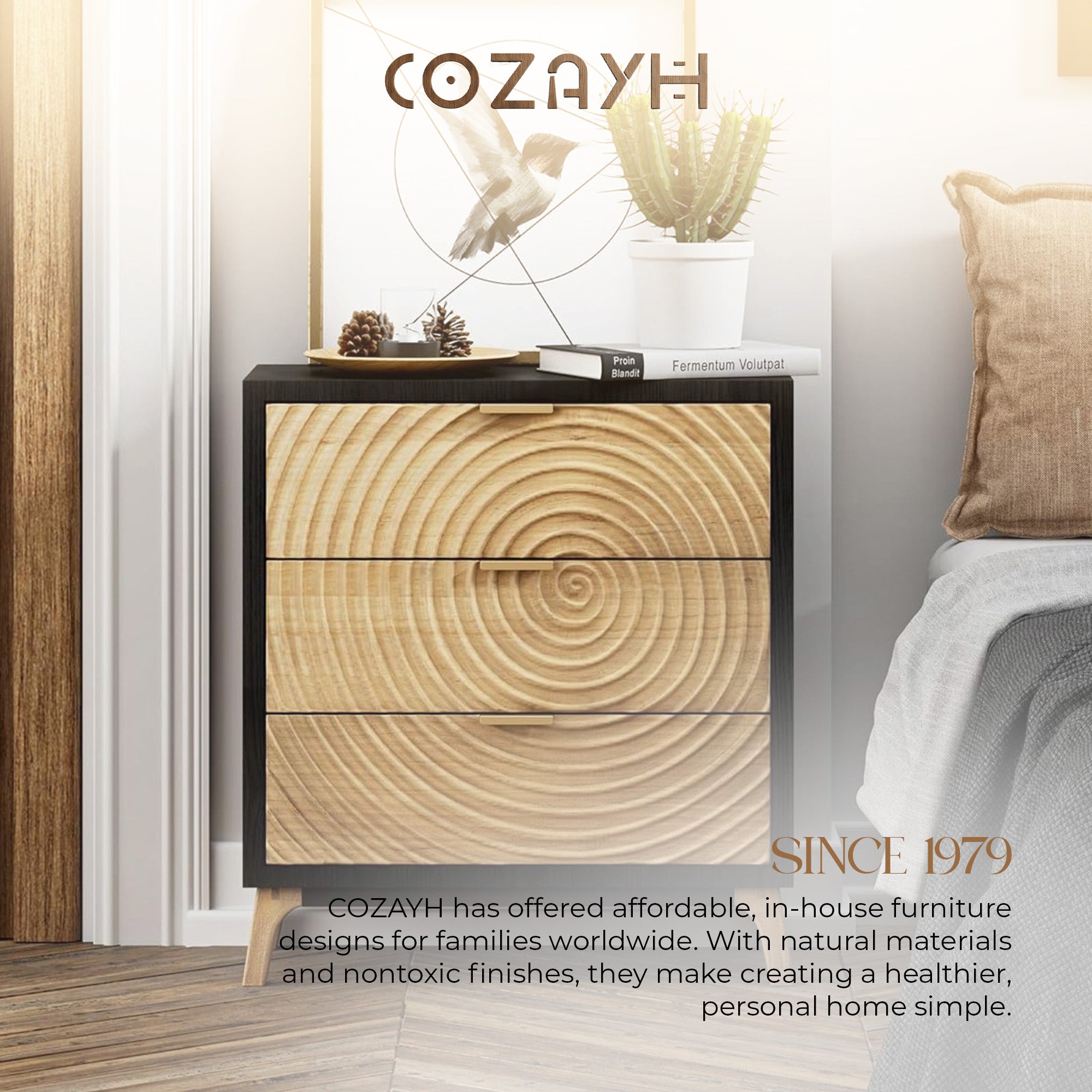 COZAYH 3 Drawer Nightstand Wood Storage Cabinet Accent Chest, Black (Open Box)