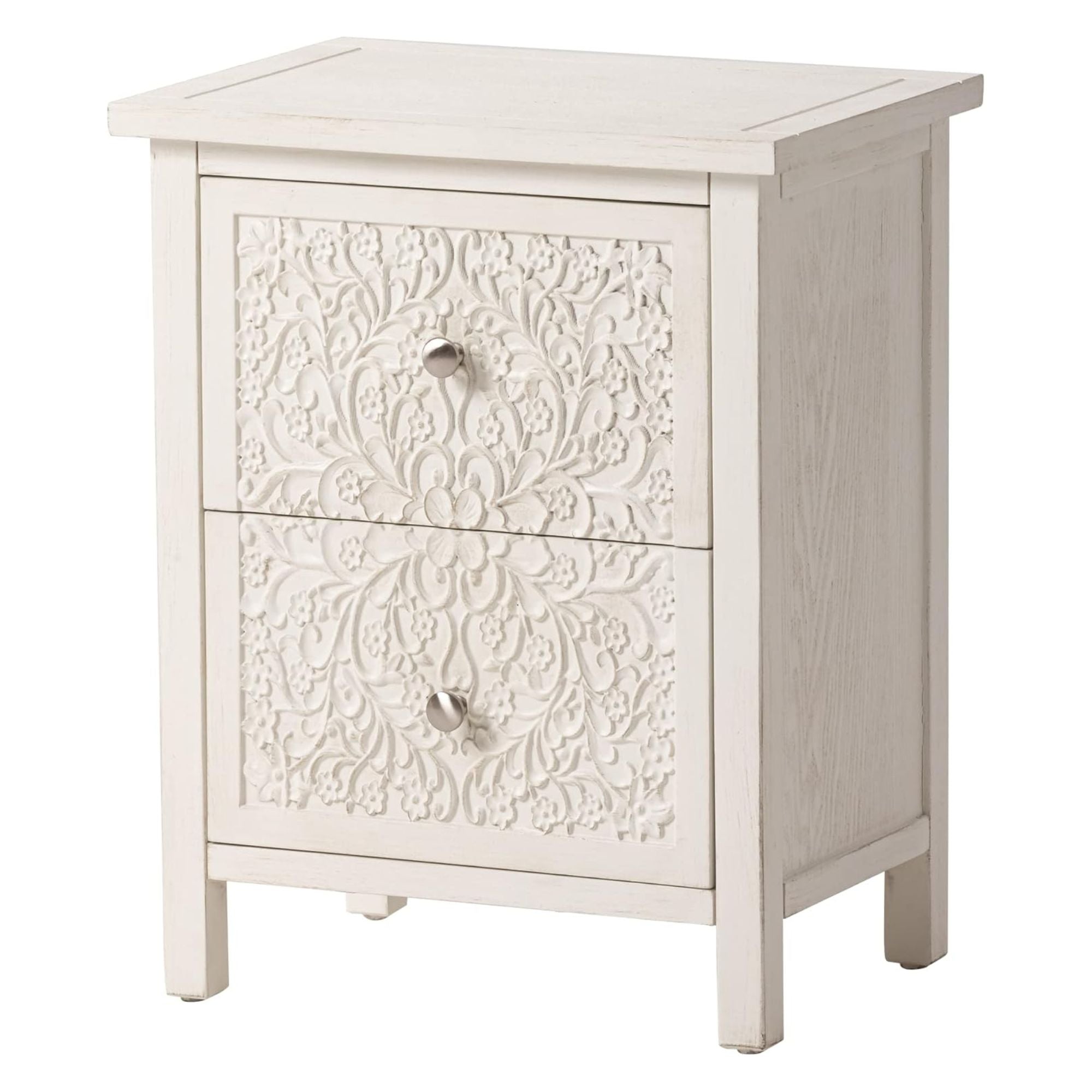COZAYH Farmhouse 2 Drawer Bedroom Nightstand w/Embossed Flower Motif (Open Box)