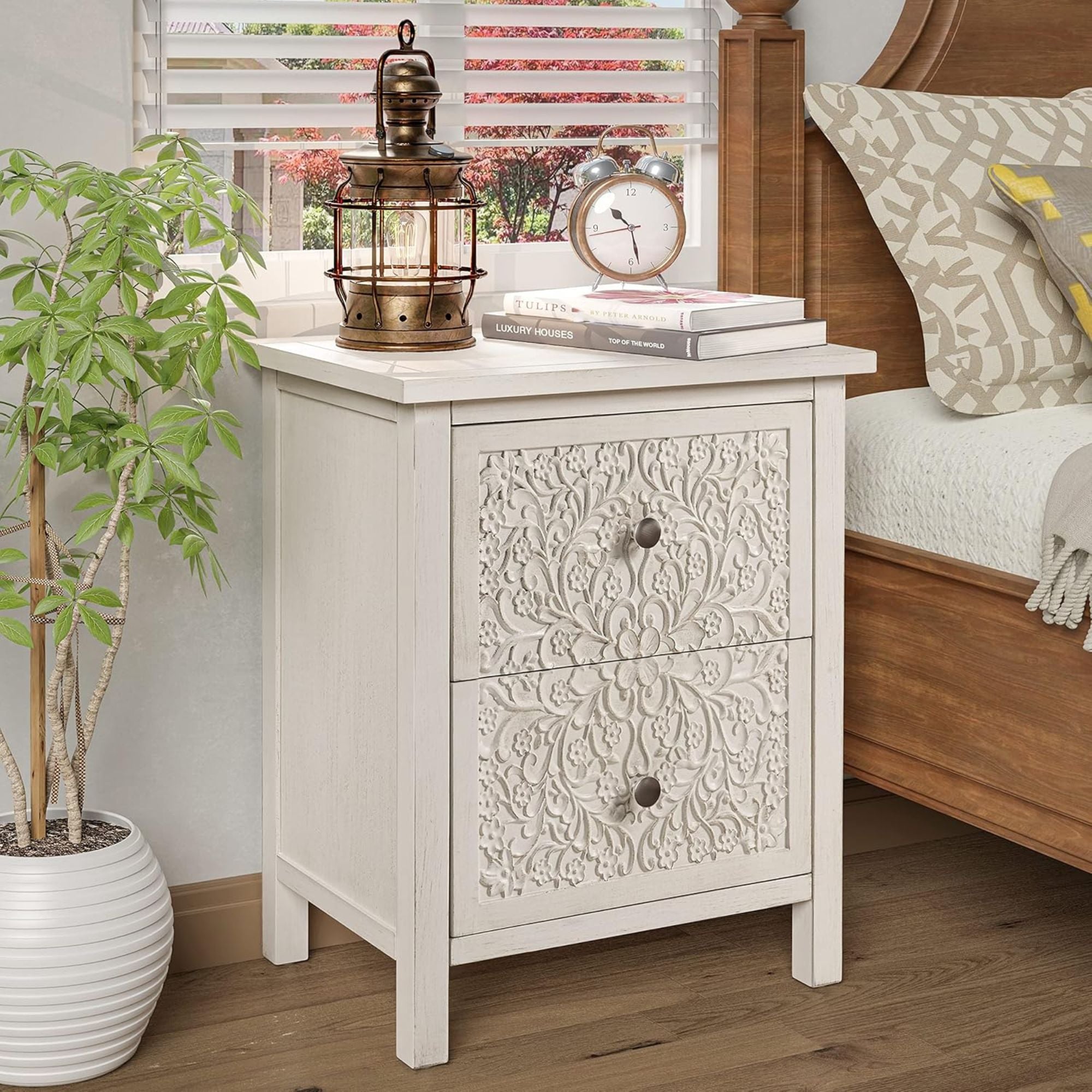 COZAYH Farmhouse 2 Drawer Home Bedroom Nightstand w/Embossed Flower Motif, White - VMInnovations