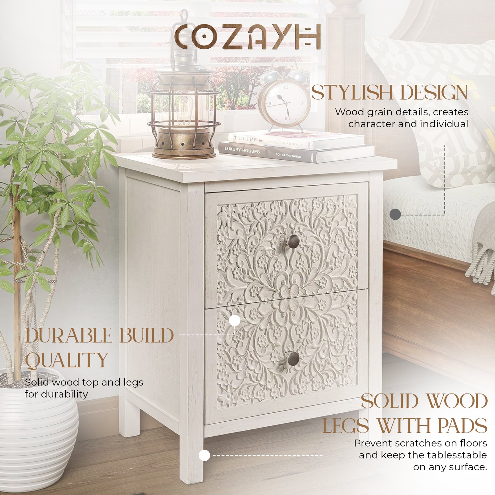 COZAYH Farmhouse 2 Drawer Home Bedroom Nightstand w/Embossed Flower Motif, White - VMInnovations