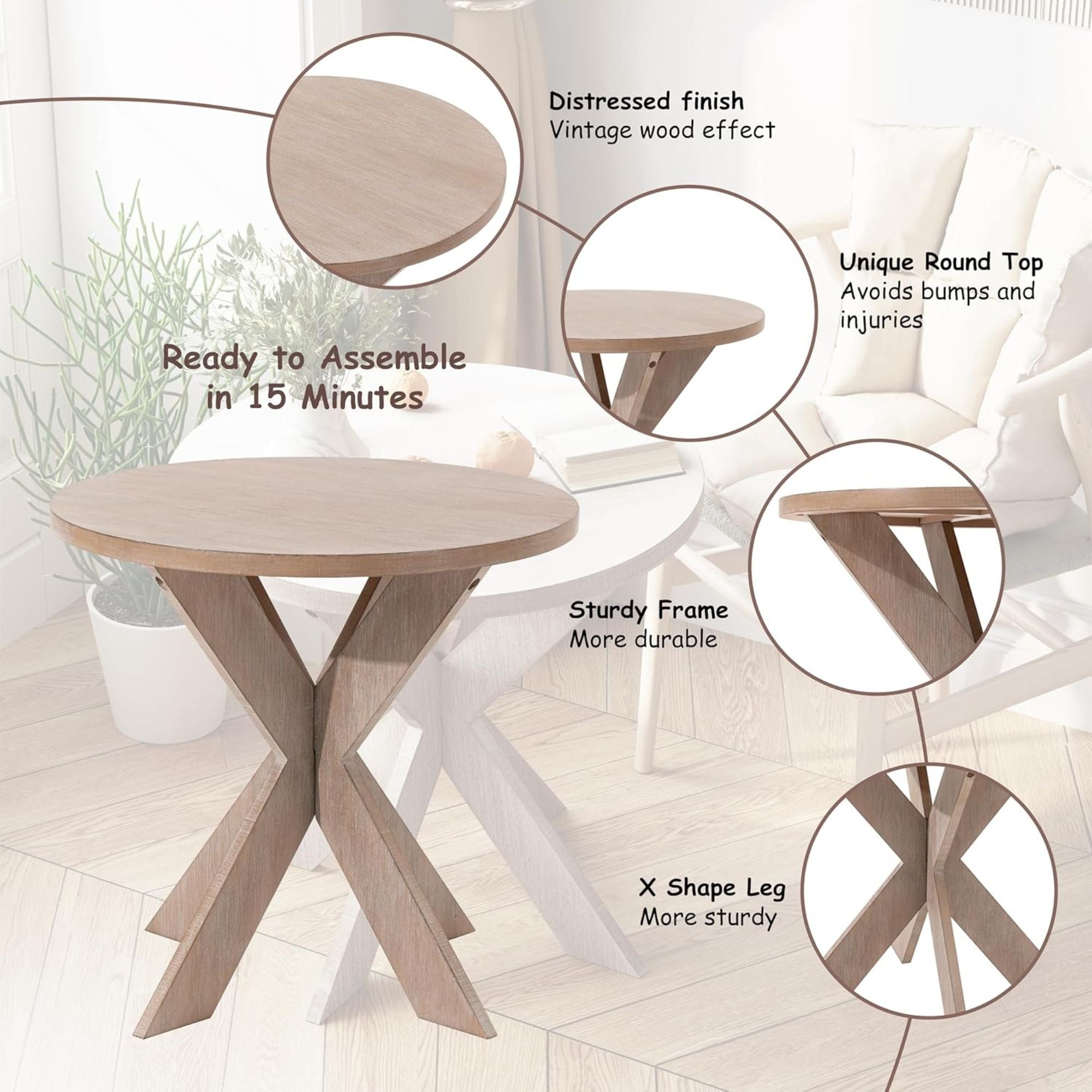 COZAYH Farmhouse Round Wooden End Table with Cross Legs, Vintage Grey, Set of 2