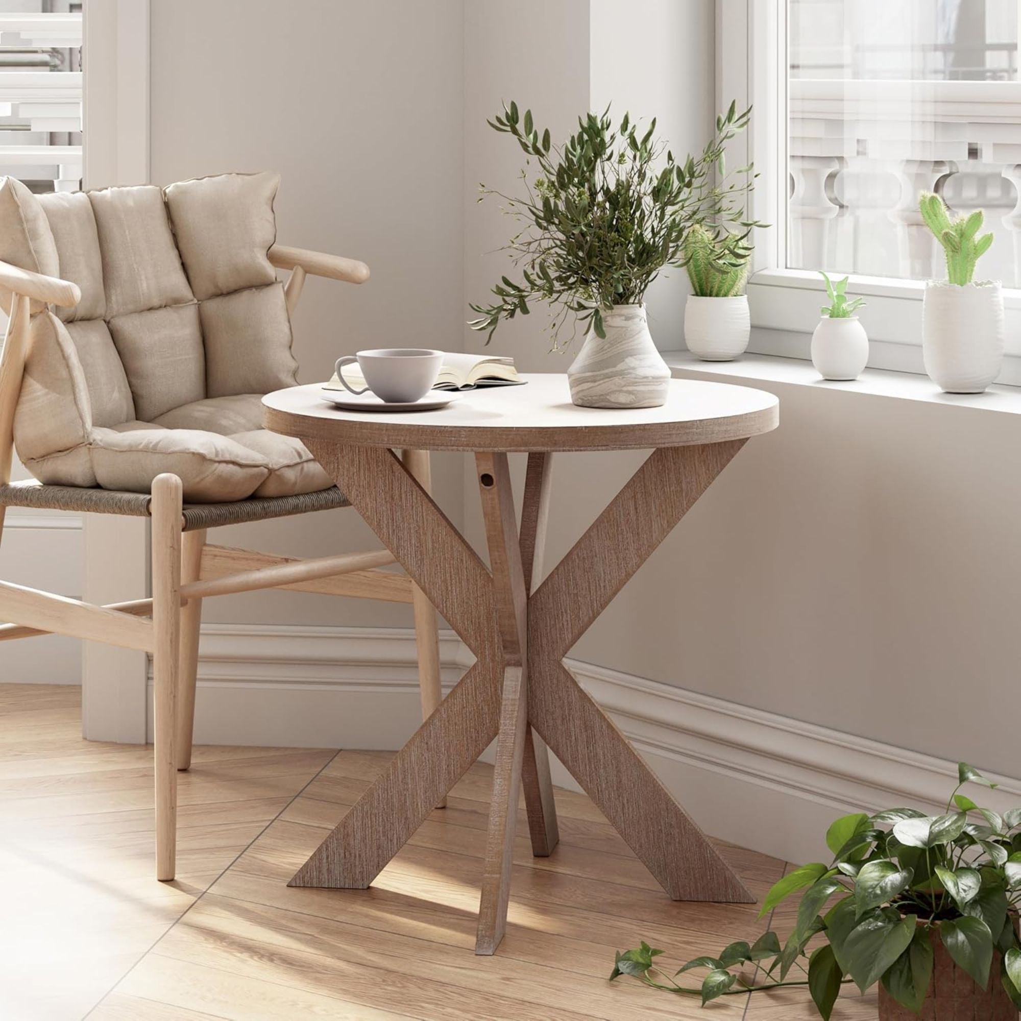 COZAYH Farmhouse Round Wooden End Table with Cross Legs, Grey Finish (Open Box)