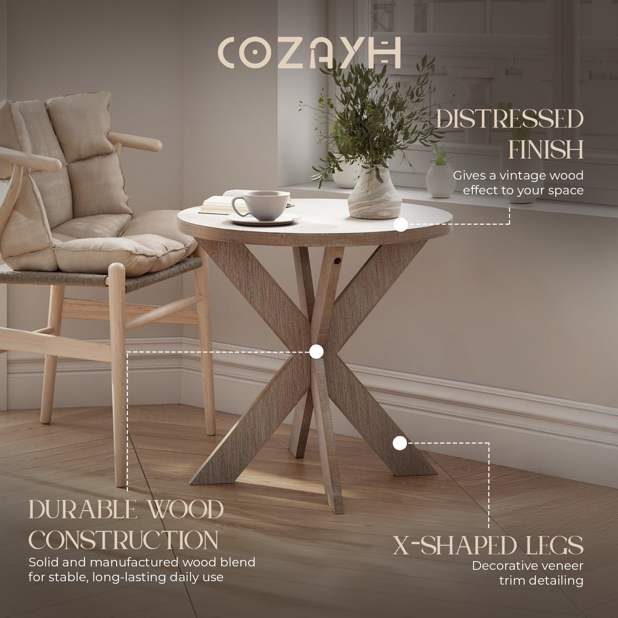 COZAYH Farmhouse Round Wooden End Table with Cross Legs, Vintage Grey Finish - VMInnovations