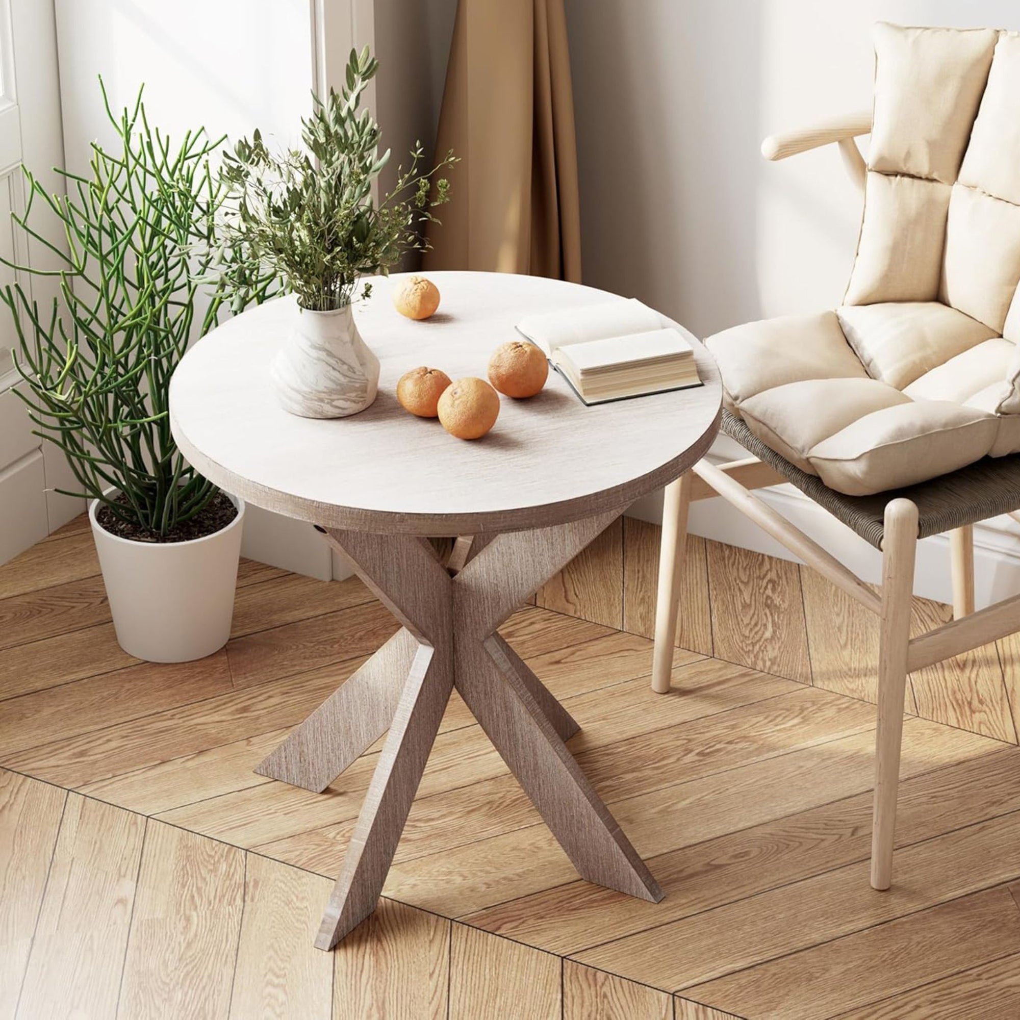 COZAYH Farmhouse Round Wooden End Table with Cross Legs, Grey Finish (Open Box)
