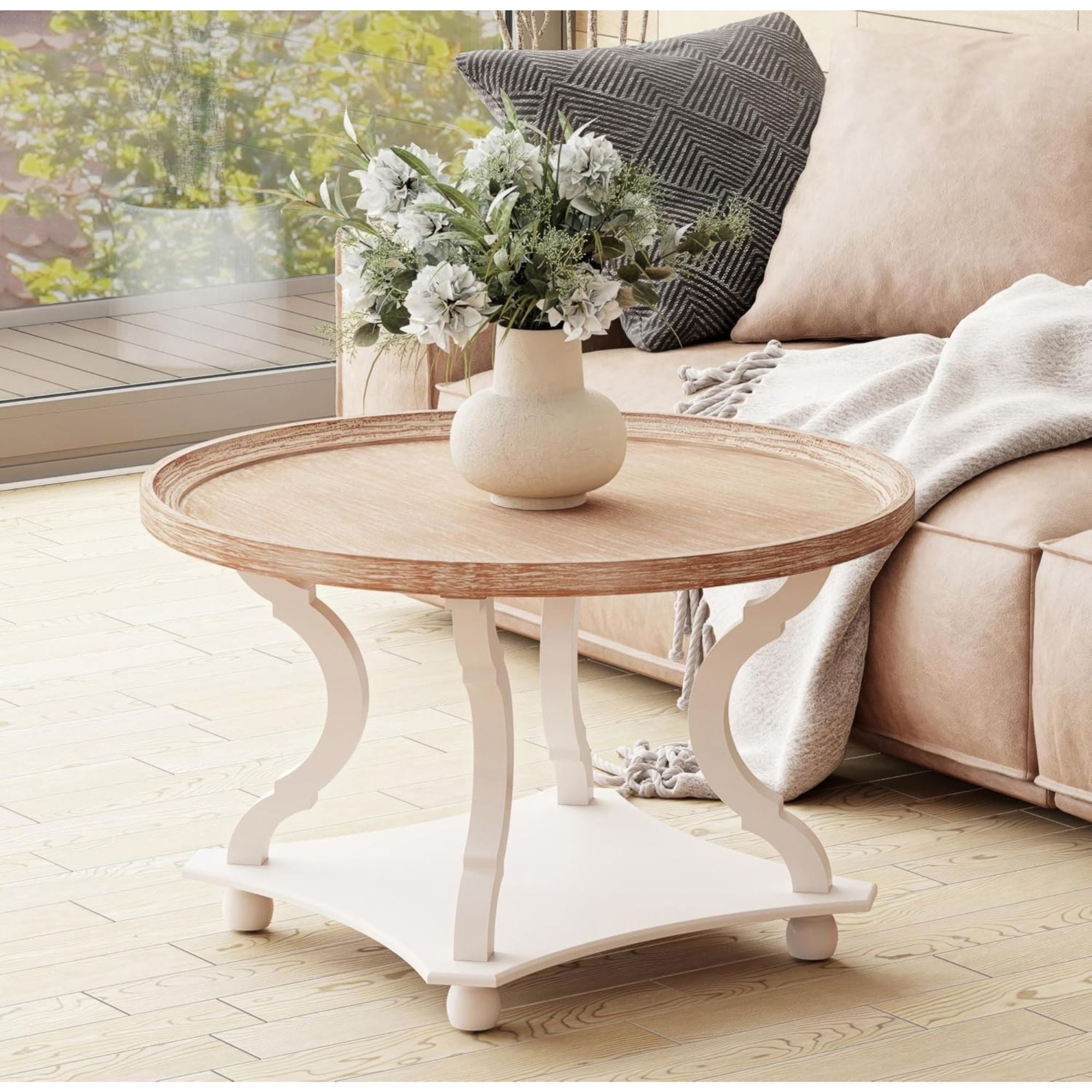 COZAYH Round Rustic Coffee Table Wood Tray Top Accent Centerpiece Storage, White - VMInnovations