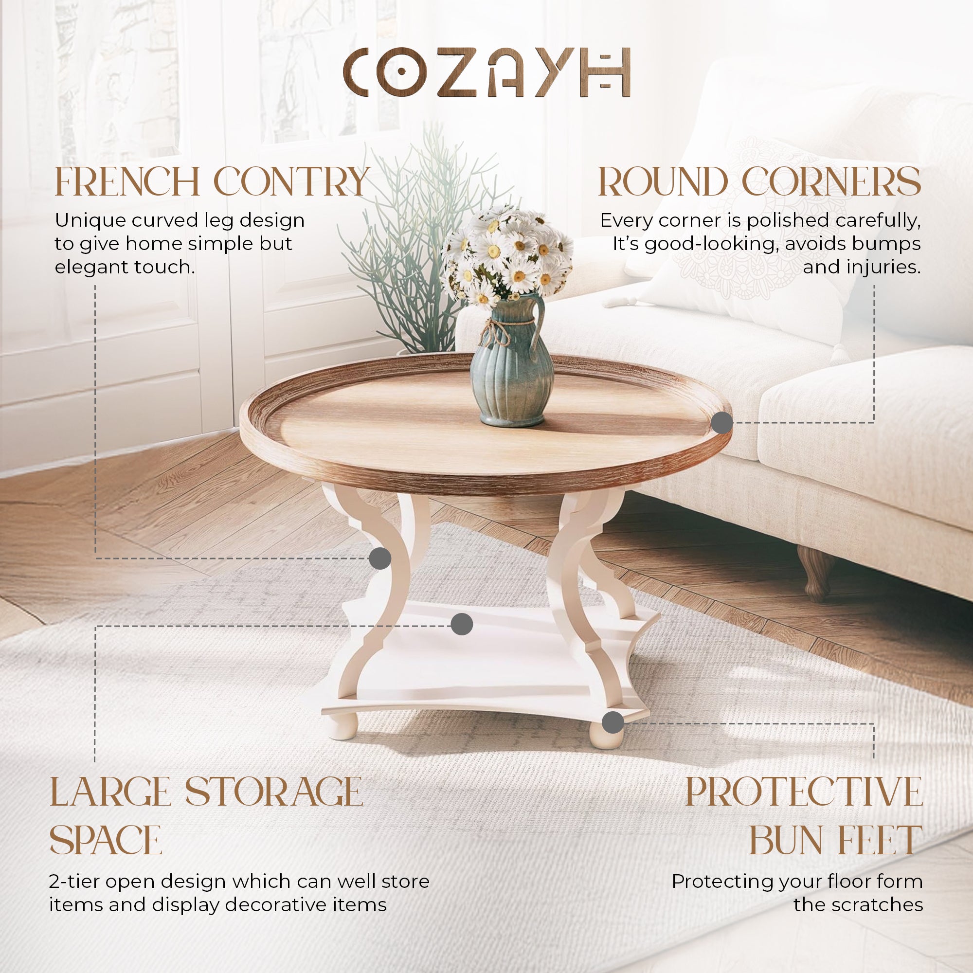 COZAYH Round Rustic Coffee Table Wood Tray Top Accent Centerpiece Storage, White - VMInnovations