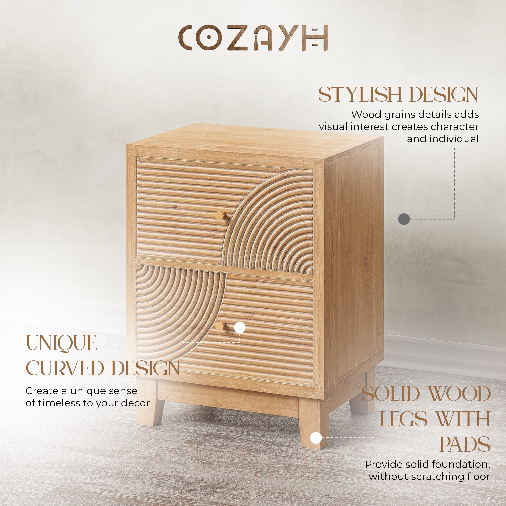 COZAYH Farmhouse 2Drawer Nightstand with Handcrafted Wood Ring Pattern(Open Box) - VMInnovations