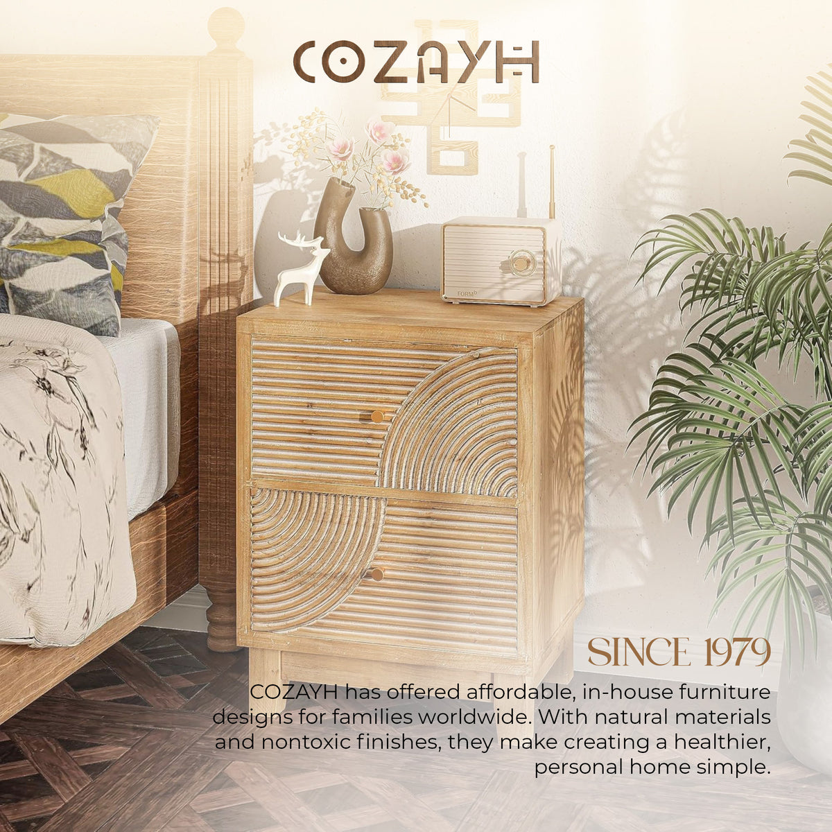 COZAYH Farmhouse 2Drawer Nightstand with Handcrafted Wood Ring Pattern(Open Box) - VMInnovations