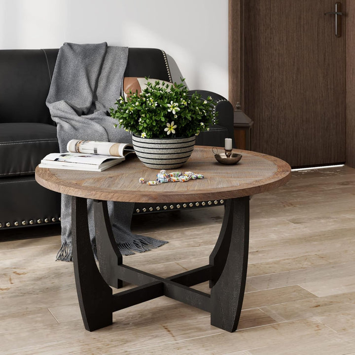 COZAYH Rustic Farmhouse Round Coffee Table with Crisscross Base for Living Room - VMInnovations