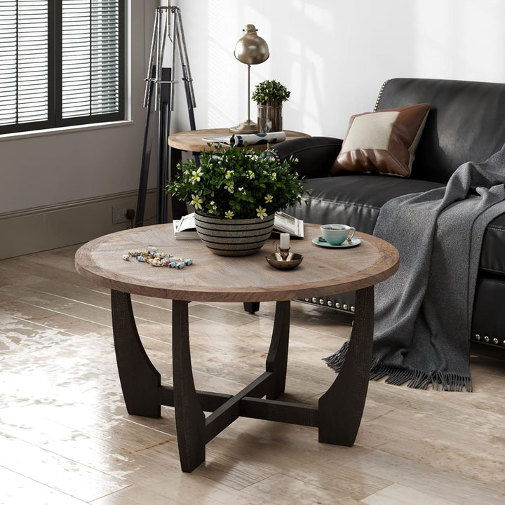 COZAYH Rustic Farmhouse Round Coffee Table with Crisscross Base for Living Room - VMInnovations