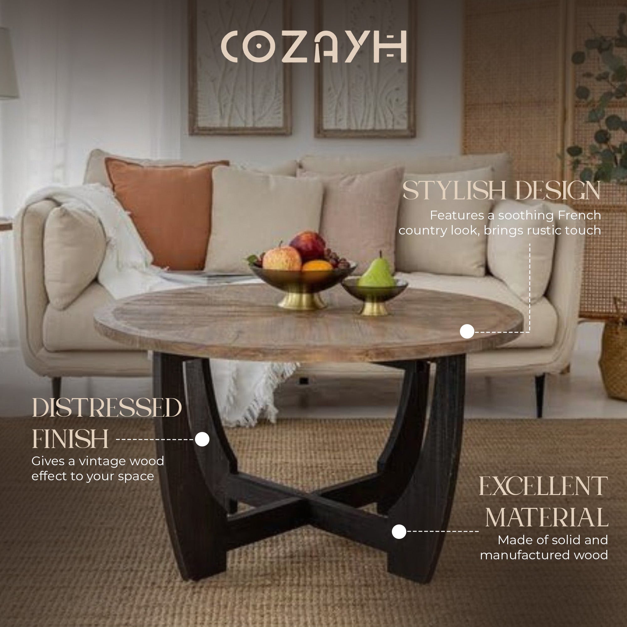 COZAYH Rustic Farmhouse Round Coffee Table with Crisscross Base (Used)