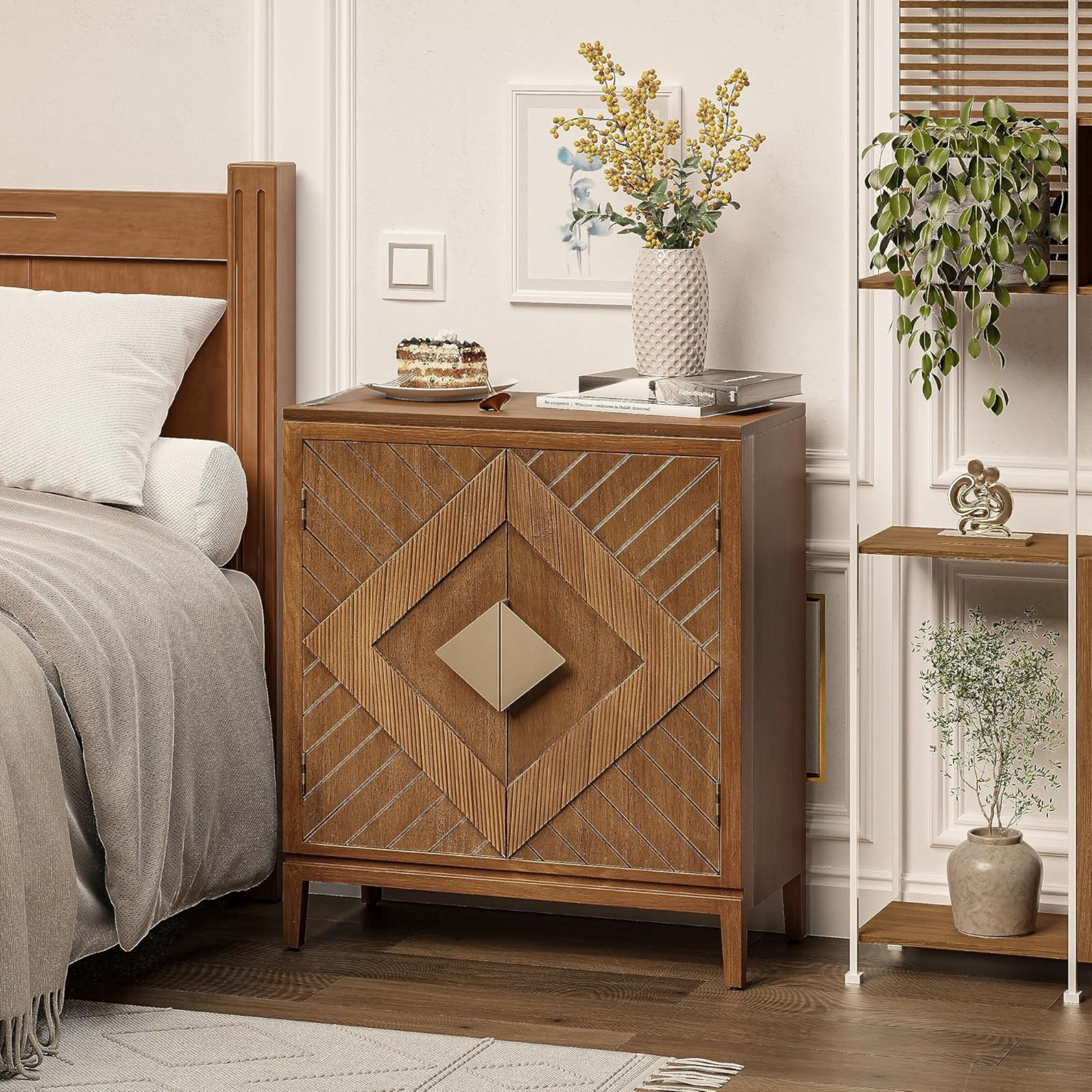 COZAYH Storage Cabinet Modern Wood Sideboard Buffet Geometric Doors, Set of 2