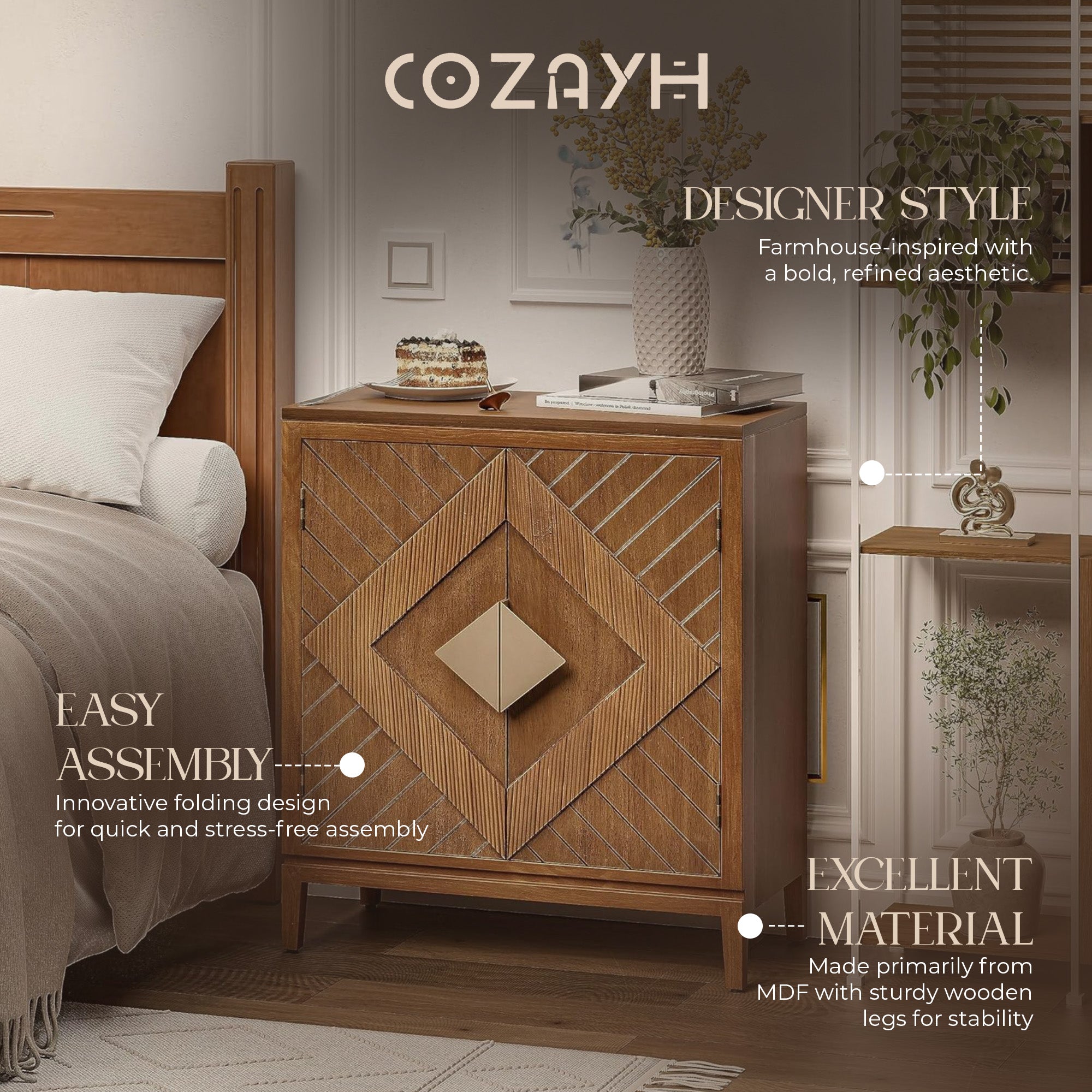 COZAYH Storage Cabinet Modern Wood Sideboard Buffet Geometric Doors, Set of 2