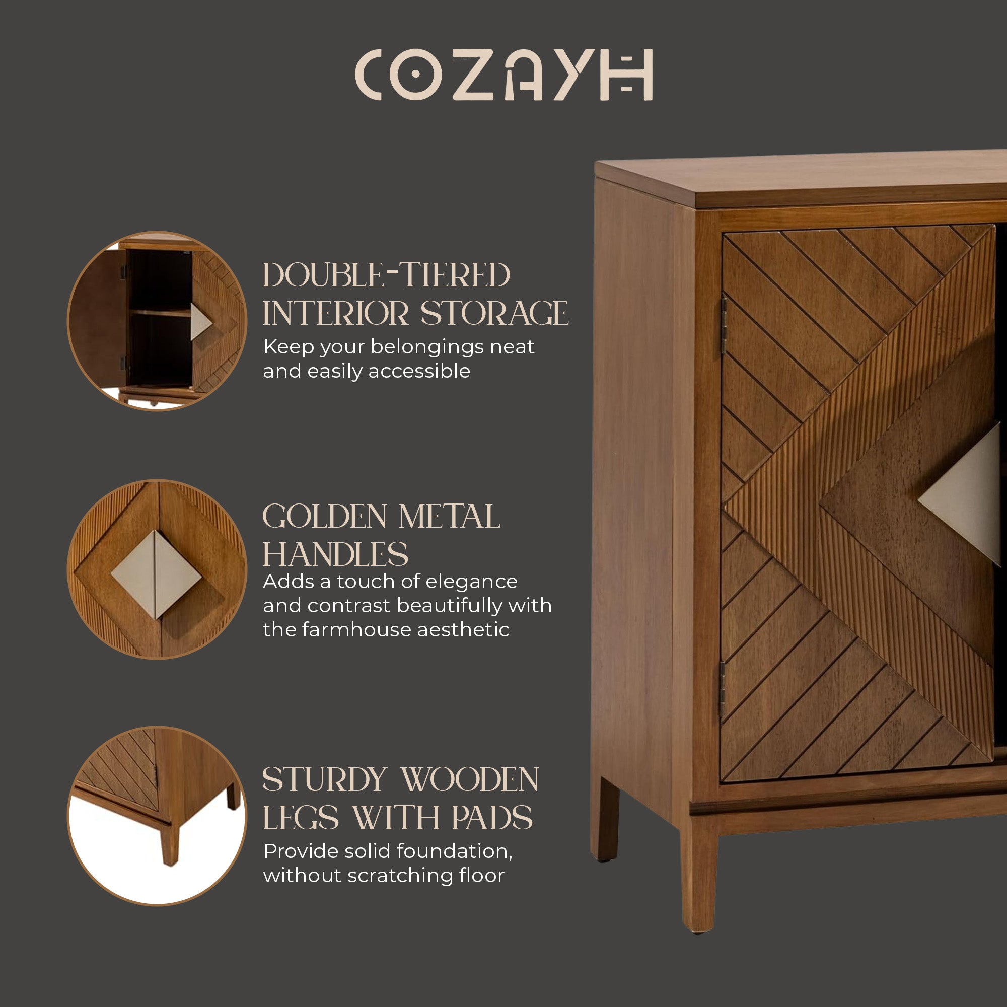 COZAYH Storage Cabinet Modern Wood Sideboard Buffet Geometric Doors, Set of 2 - VMInnovations