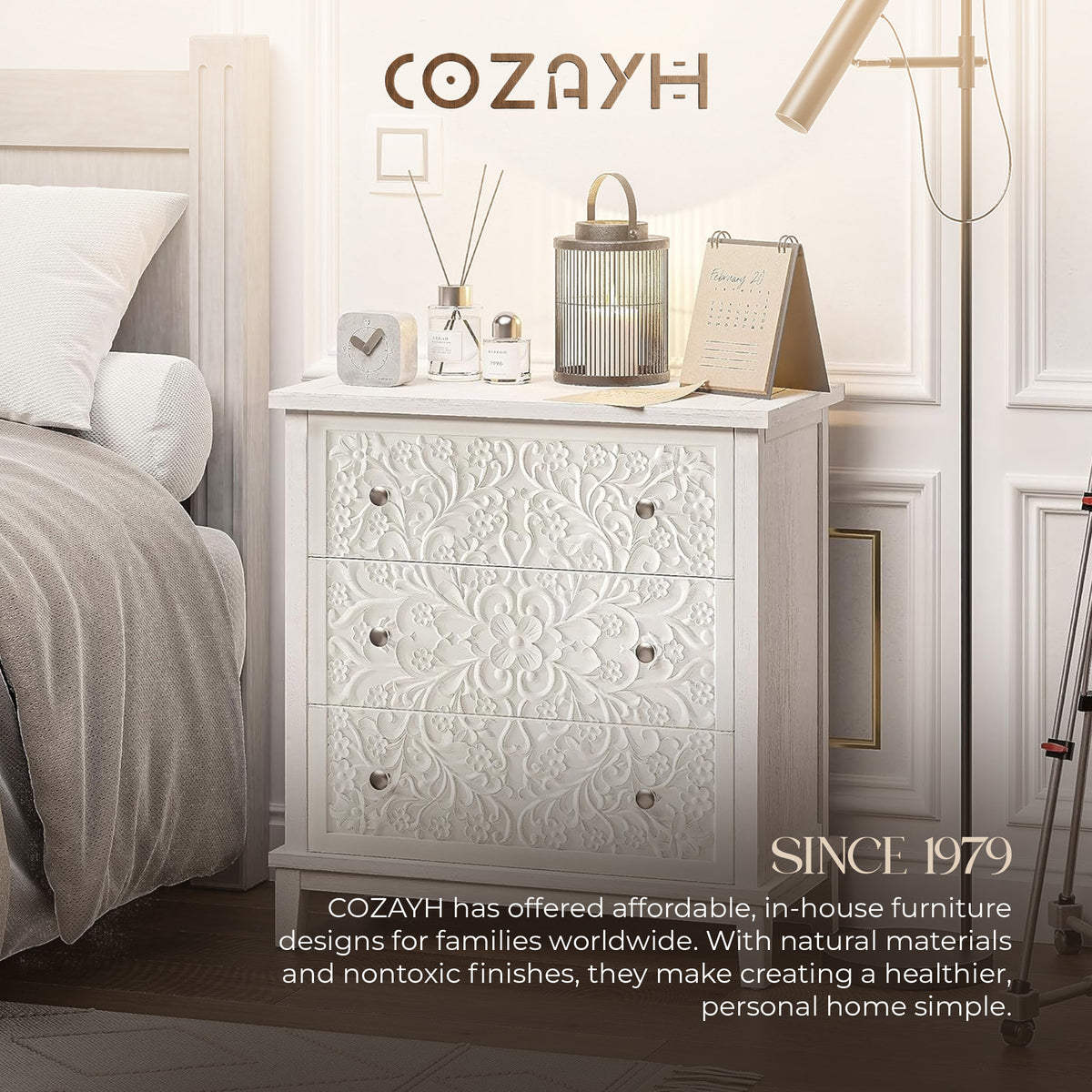 COZAYH 3-Drawer Flower Motif Dresser for Home & Bedroom, Fully Assembled, White (Open Box)