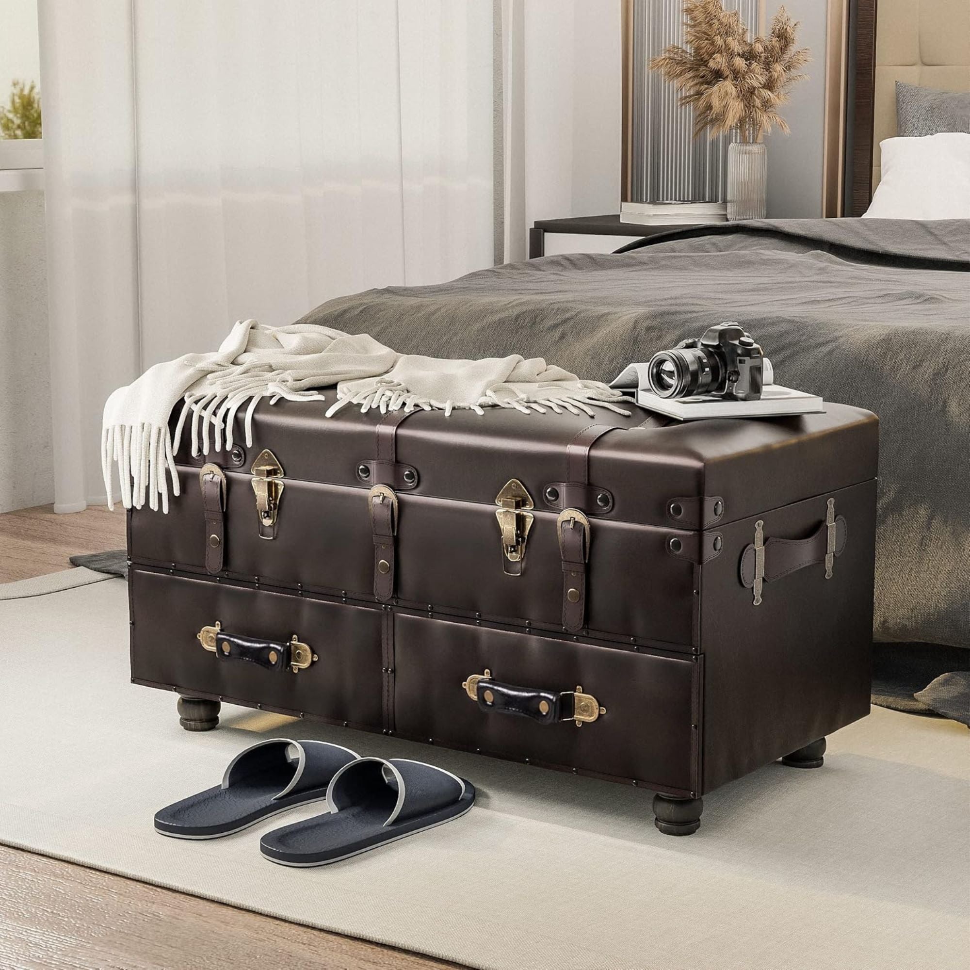 COZAYH Storage Bench, Upholstered Wooden Ottoman Chest Box, Brown (Open Box)