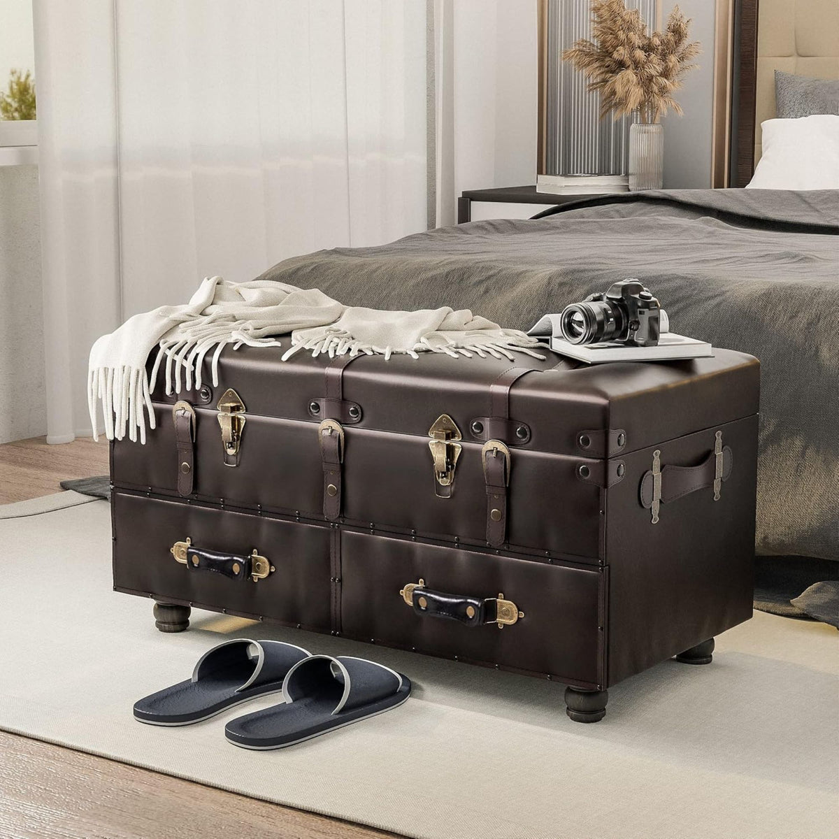 COZAYH Vintage Storage Bench, Upholstered Wooden Ottoman Chest Box, Black Brown