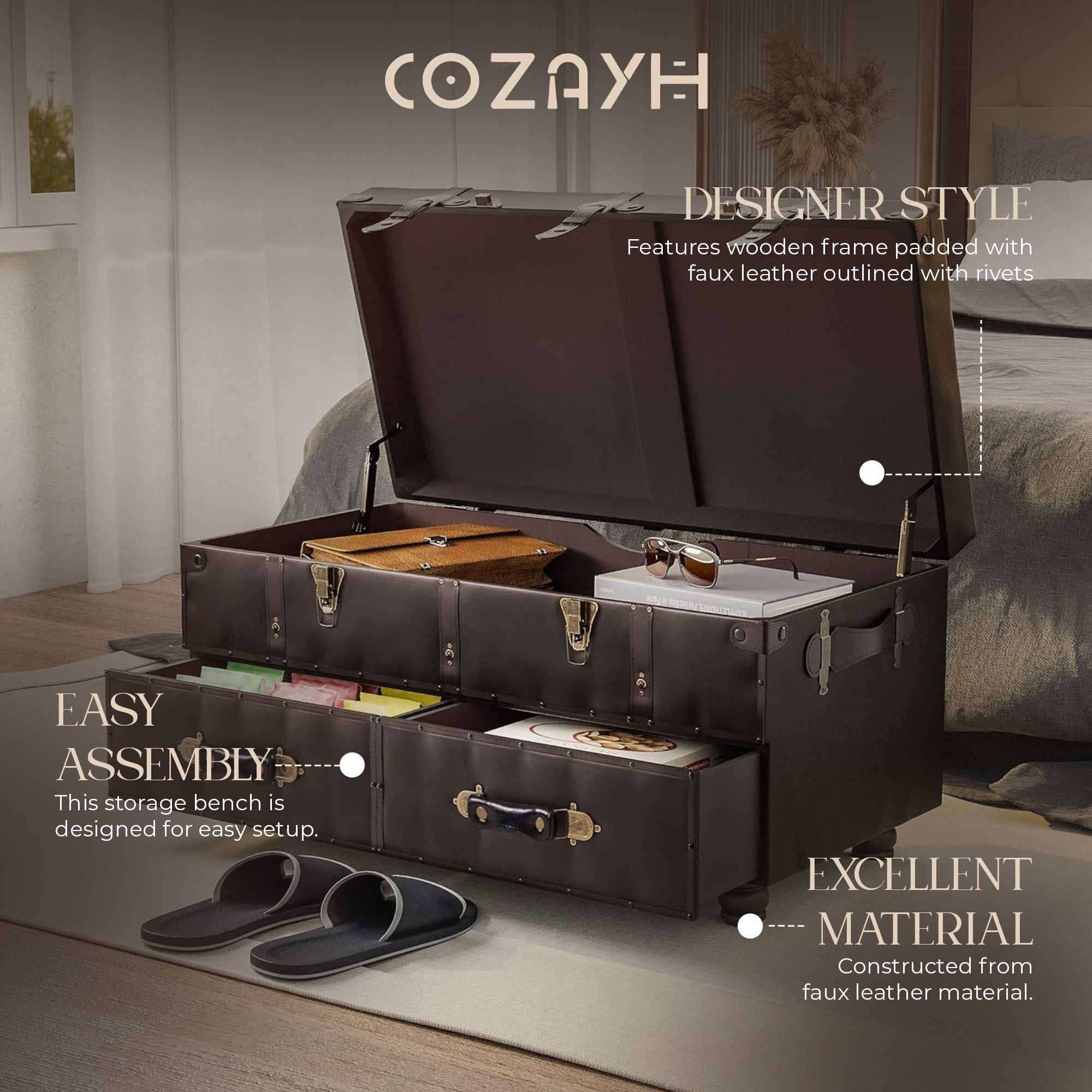 COZAYH Vintage Storage Bench, Upholstered Wooden Ottoman Chest Box, Black Brown