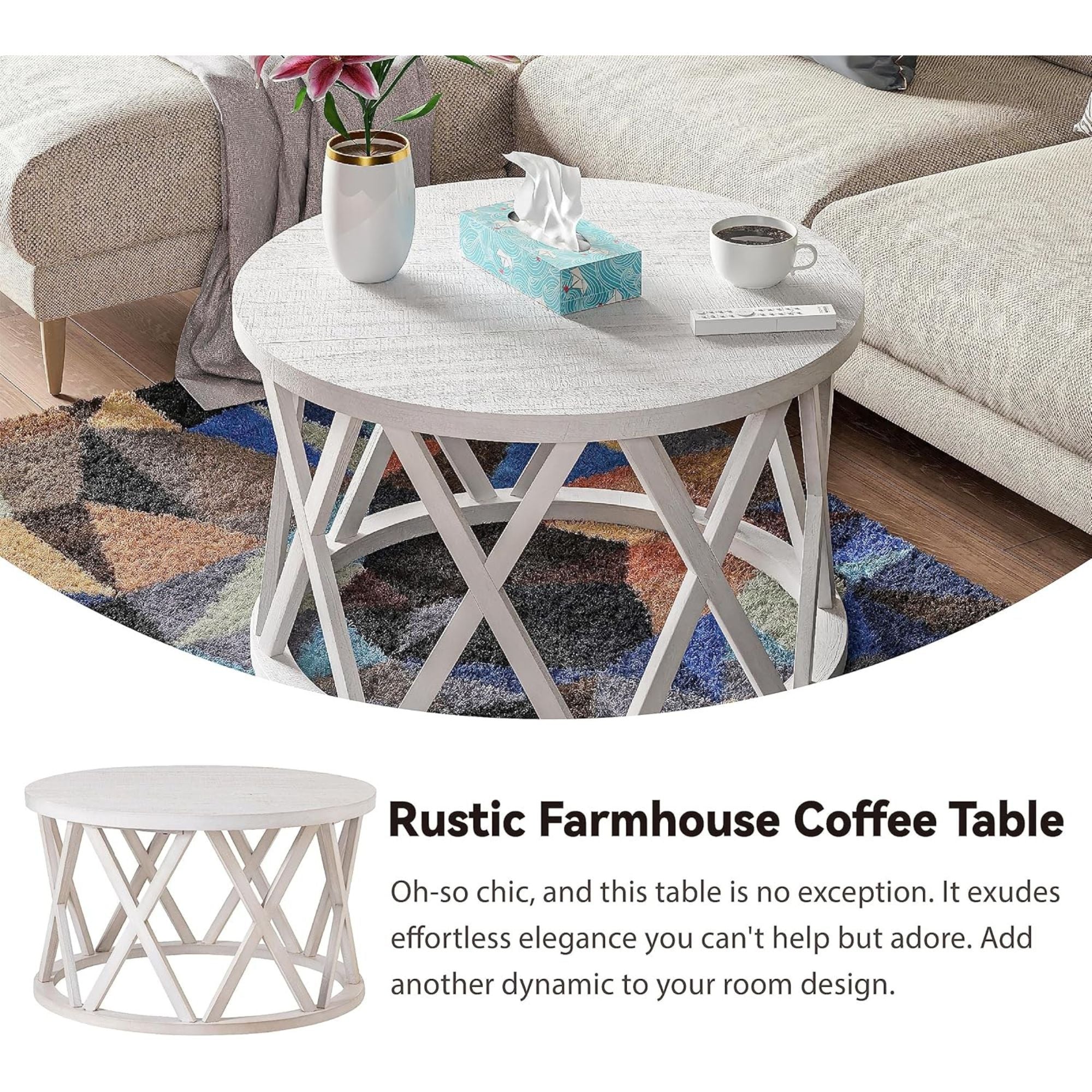 COZAYH Rustic Farmhouse Round Coffee Table, X-Motifs Legs & Wooden Top, Set of 2