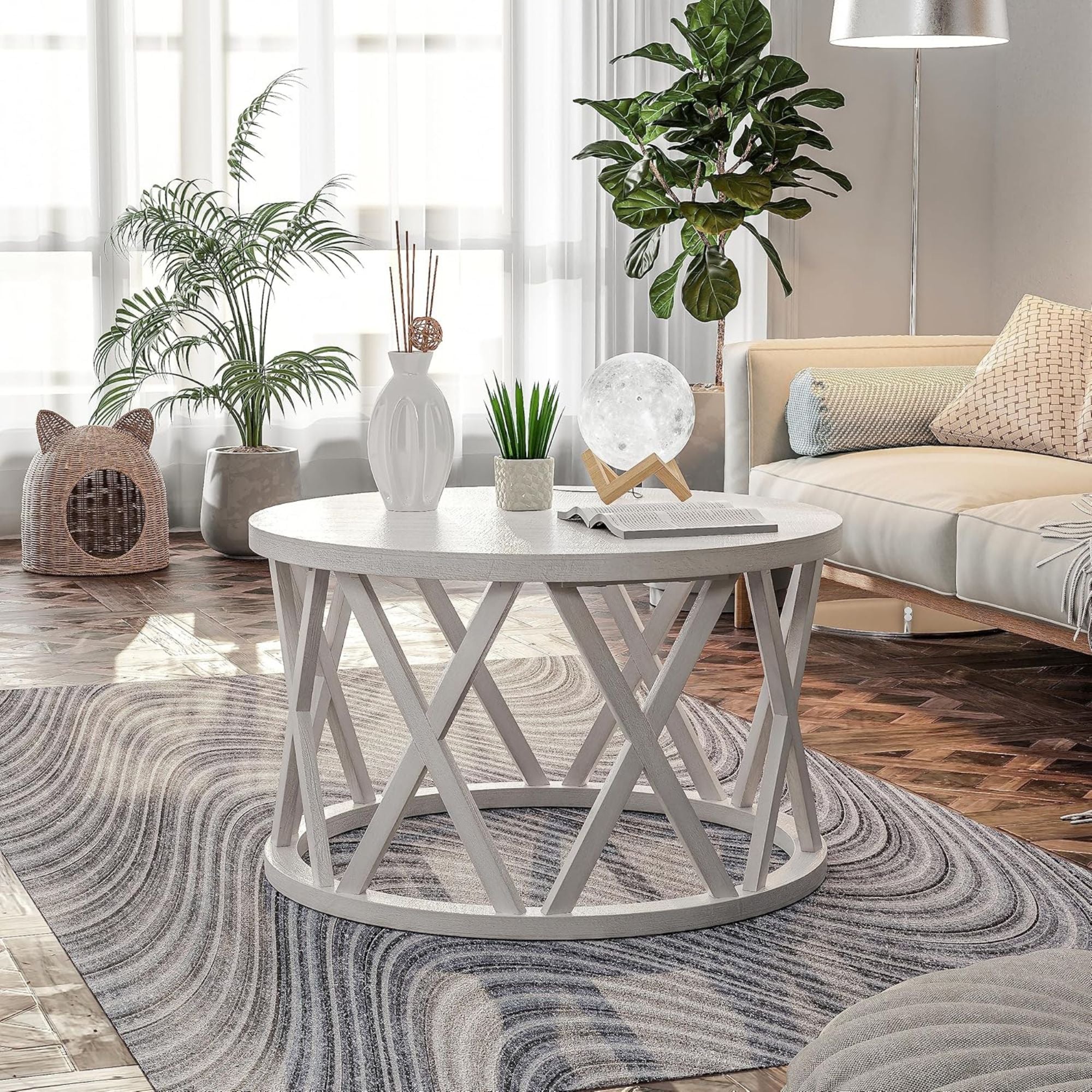 COZAYH Rustic Farmhouse Round Coffee Table, X-Motifs Legs & Wooden Top, Set of 2