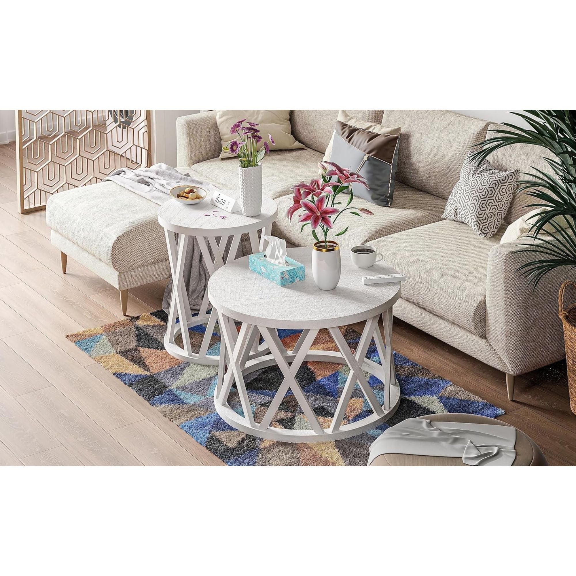 COZAYH Rustic Farmhouse Round Coffee Table, X-Motifs Legs & Wooden Top, Set of 2 - VMInnovations