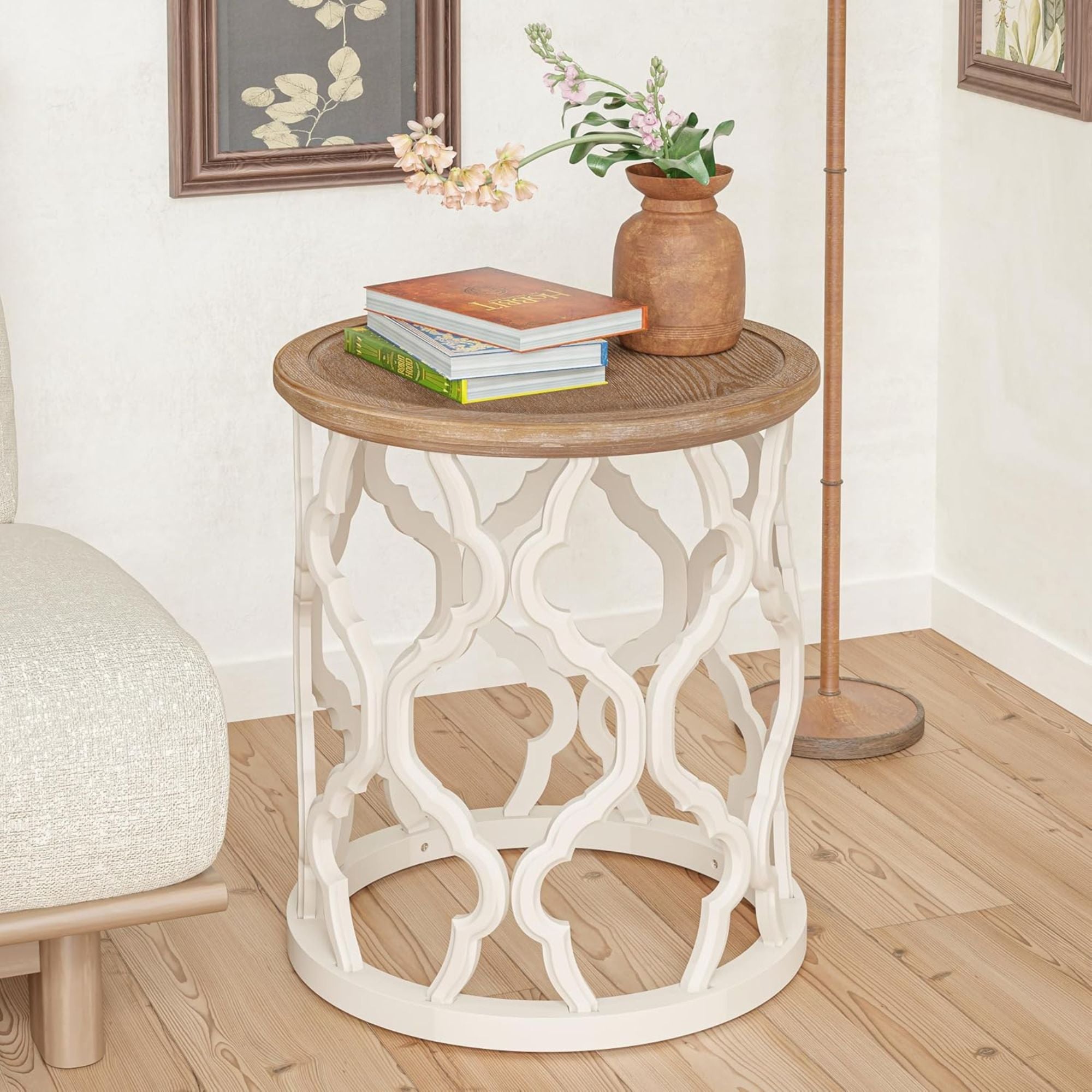 COZAYH Rustic Table Round Accent Wood Tray Top Curved Base Furniture, Set of 2