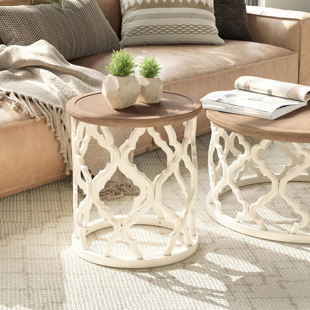 COZAYH Rustic Table Round Accent Side Wood Tray Top Curved Base Furniture, White - VMInnovations