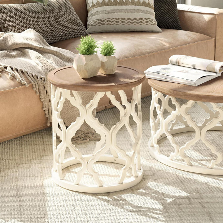 COZAYH Rustic Table Round Accent Side Wood Tray Top Curved Base Furniture, White - VMInnovations