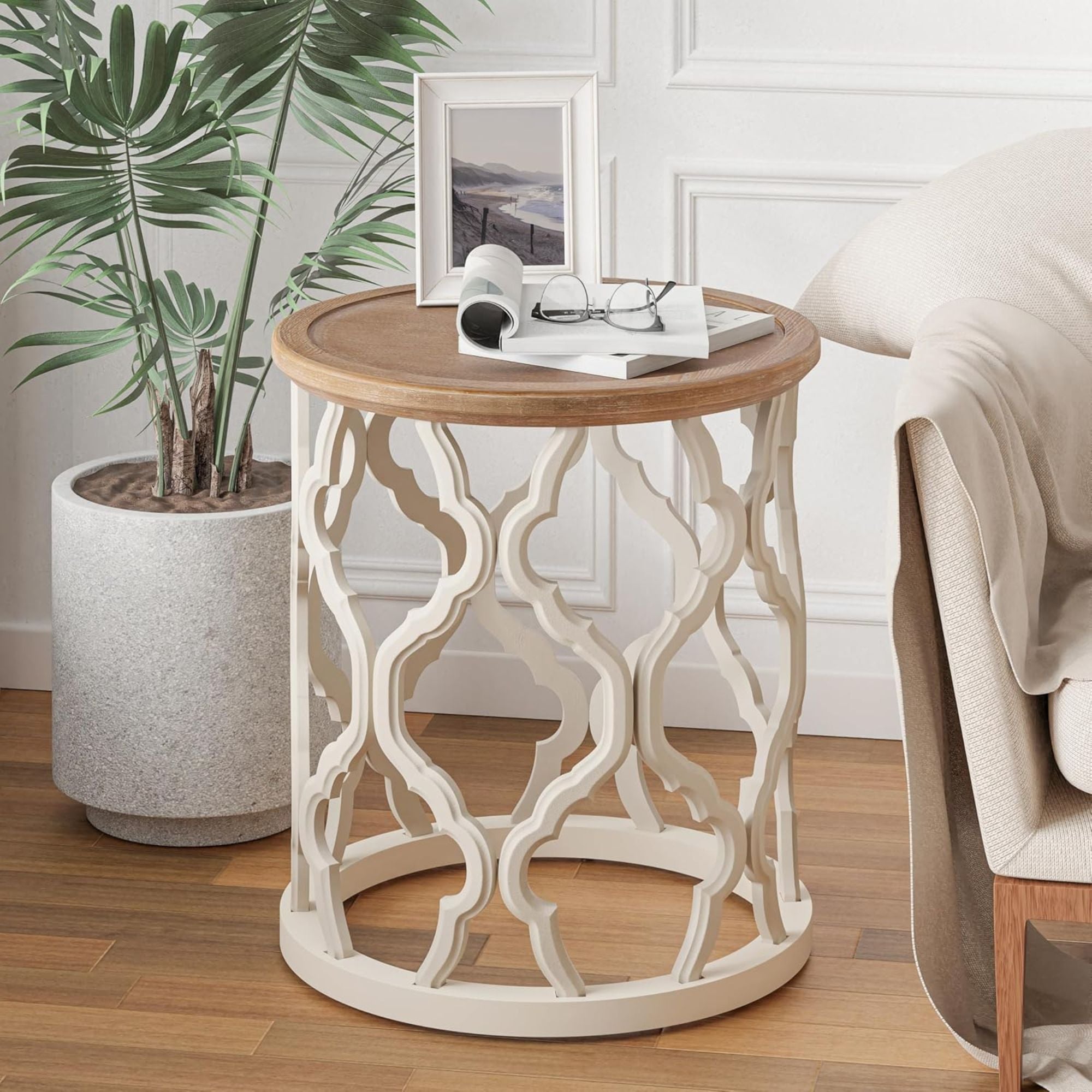 COZAYH Rustic Table Round Accent Wood Tray Top Curved Base Furniture, Set of 2