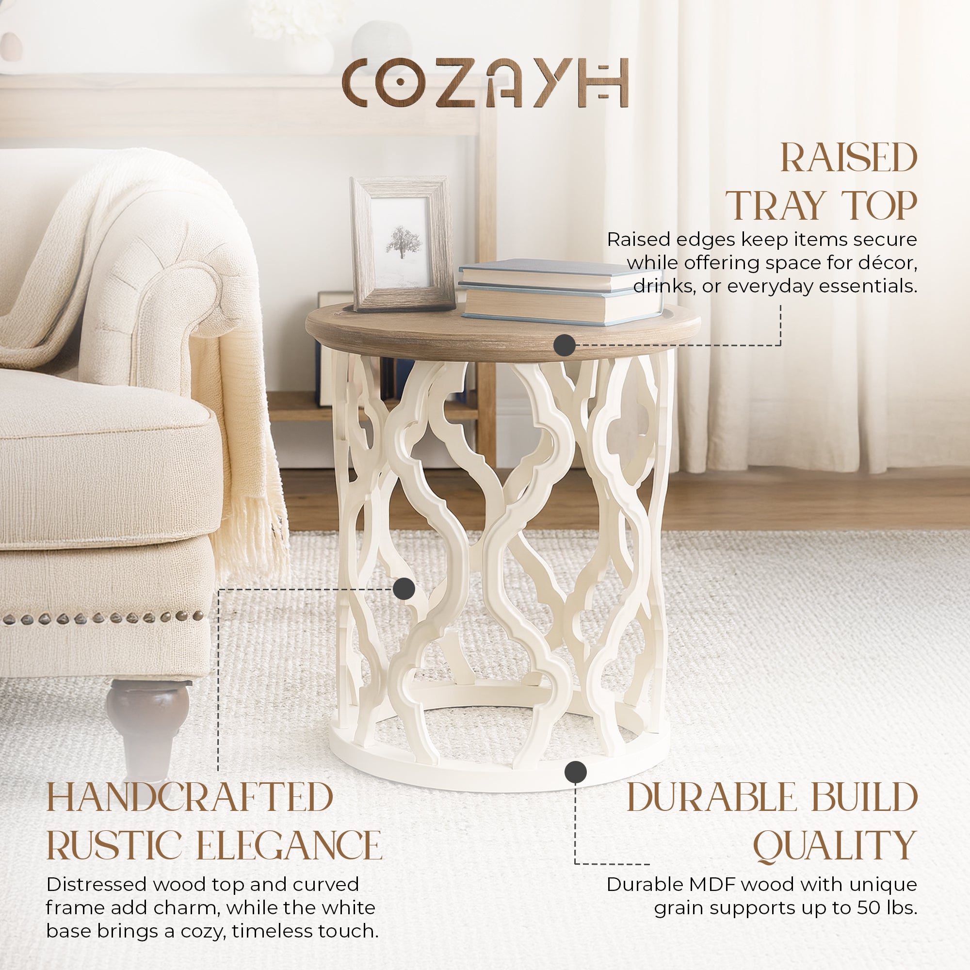 COZAYH Rustic Table Round Accent Wood Tray Top Curved Base Furniture, Set of 2