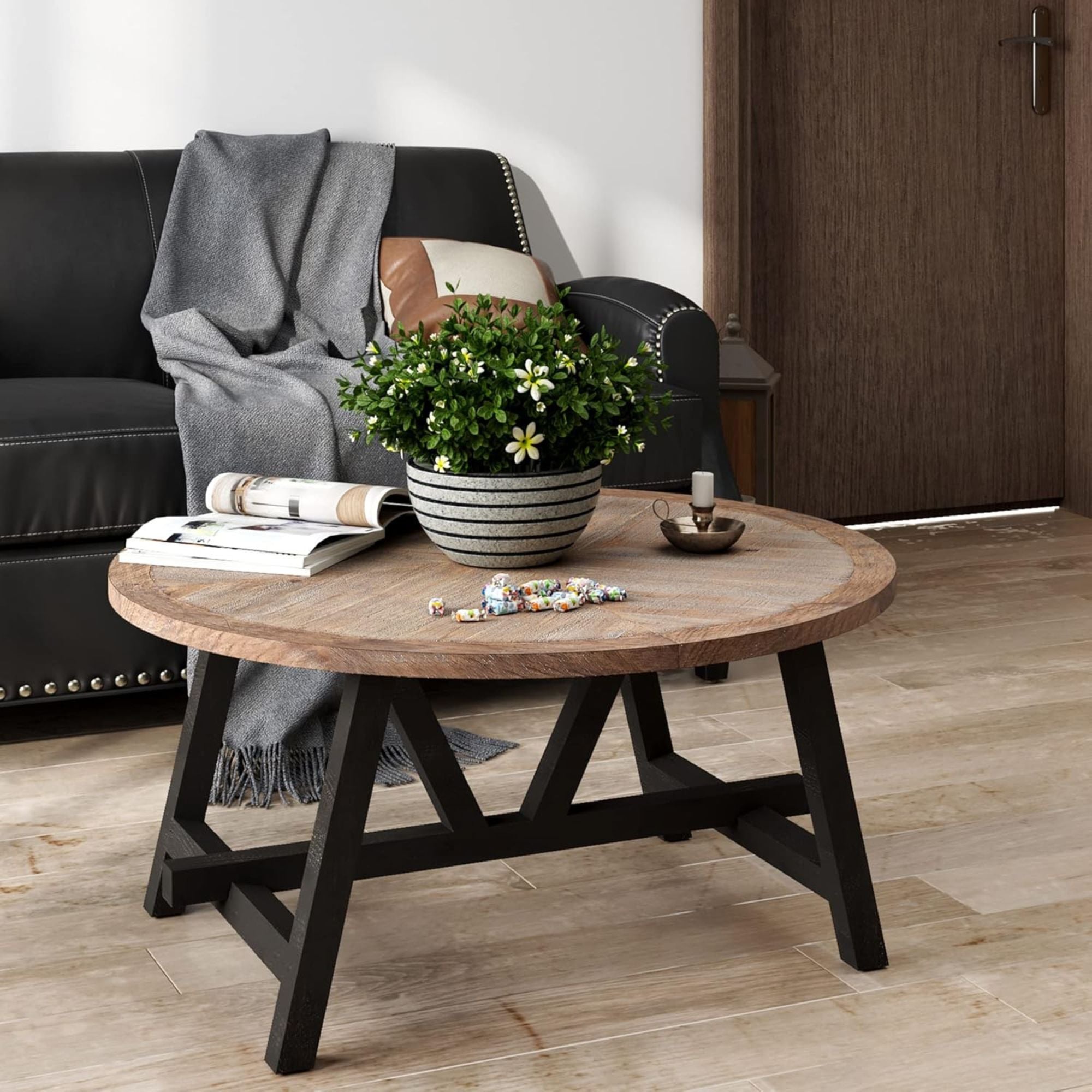 COZAYH Rustic Farmhouse Round Coffee Table with Geometric Base for Living Room - VMInnovations