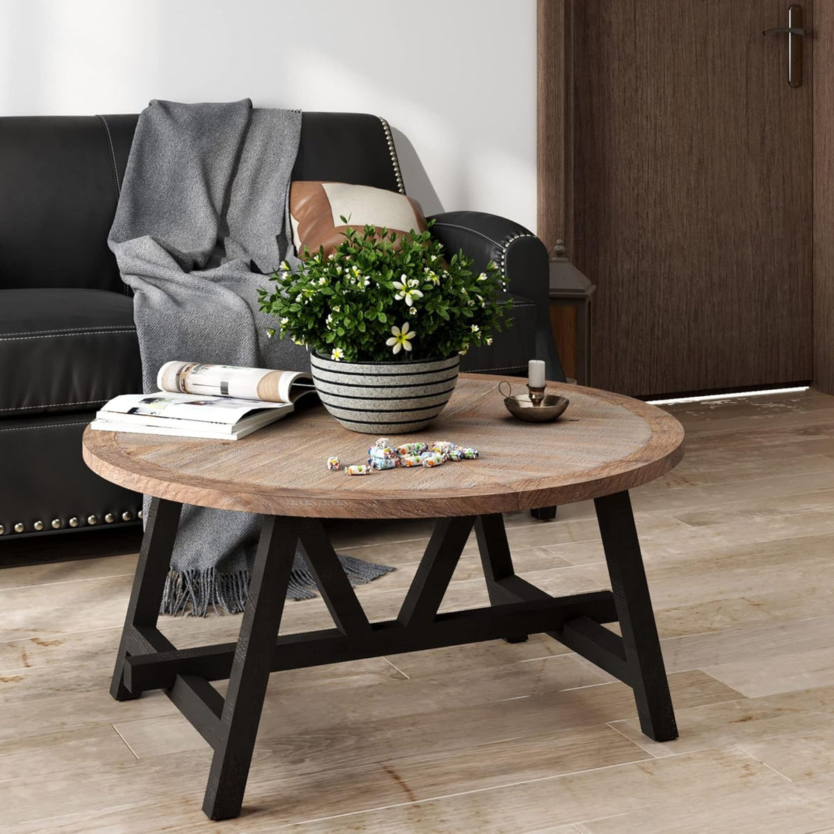 COZAYH Rustic Farmhouse Coffee Table w/ Geometric Base, Living Room (Open Box)